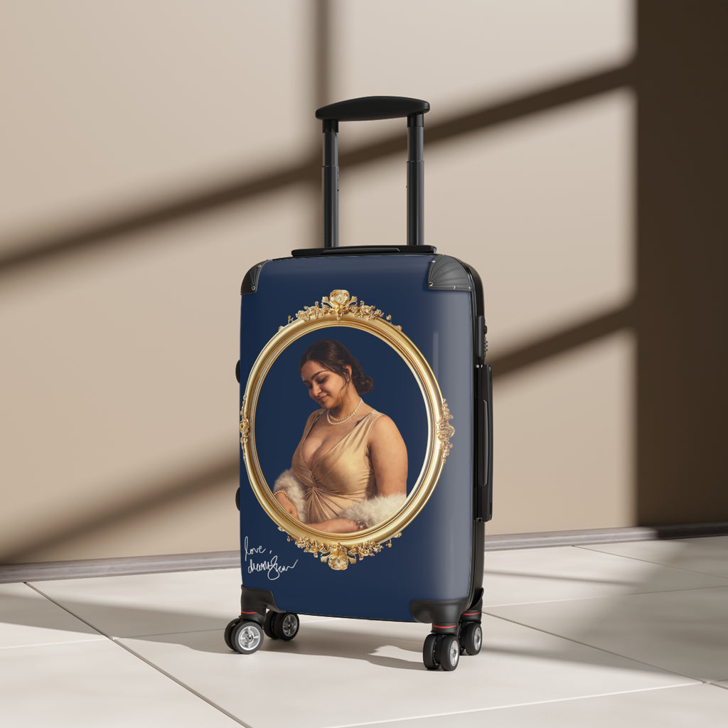Vintage Portrait Suitcase – Elegant Gold Frame Travel Luggage