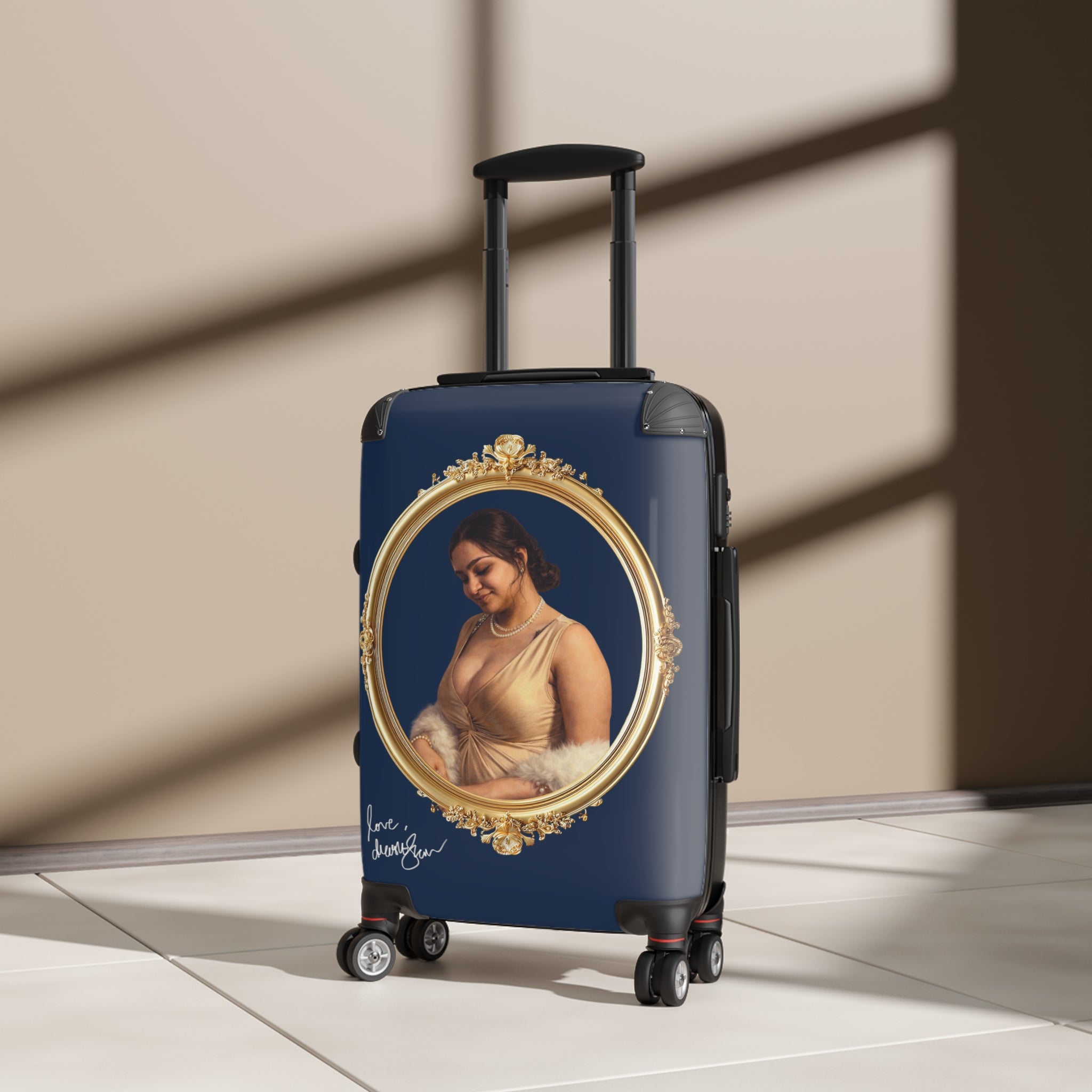 Vintage Portrait Suitcase – Elegant Gold Frame Travel Luggage