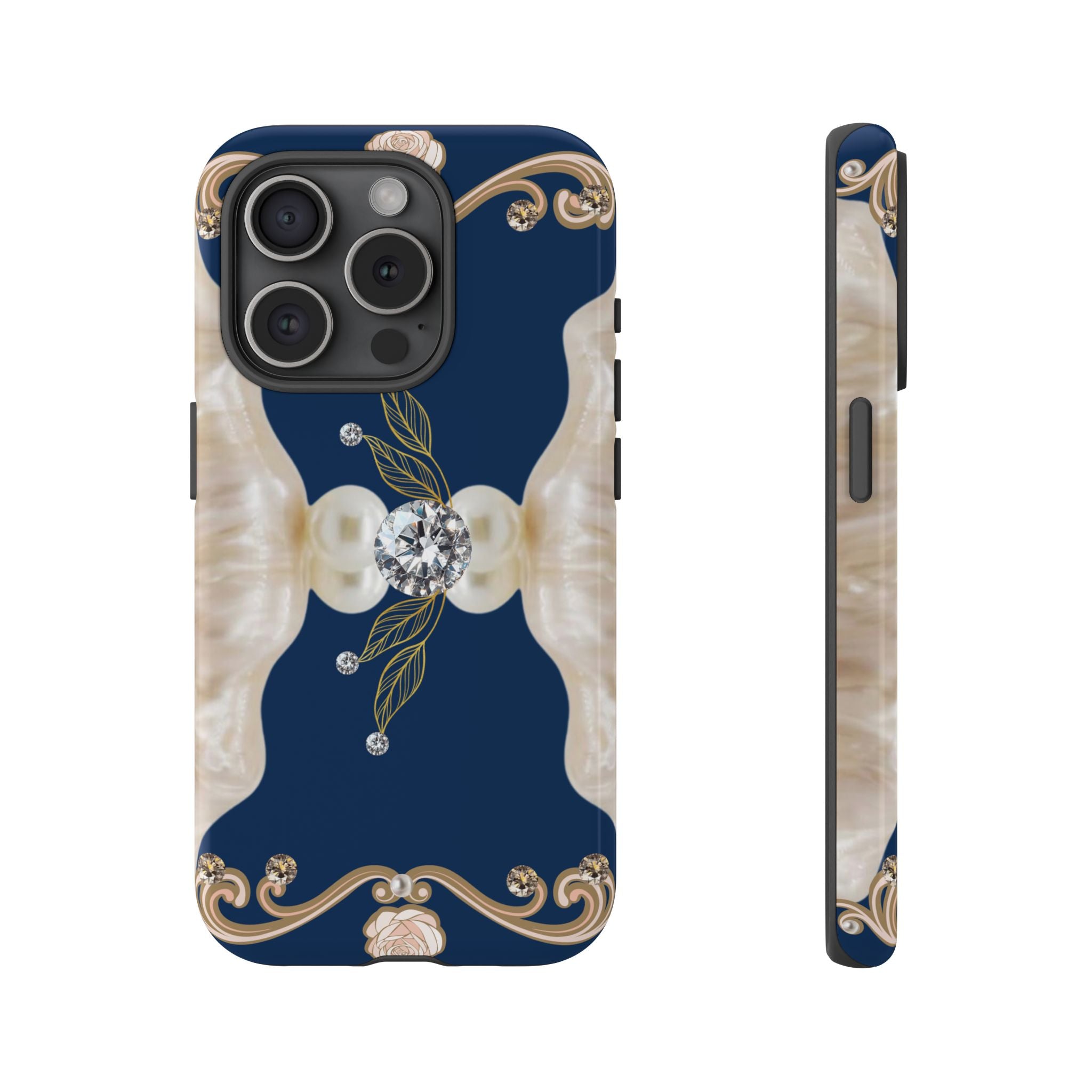 Navy Pearl & Diamond Phone Case — Elegant Floral Baroque Tough Case