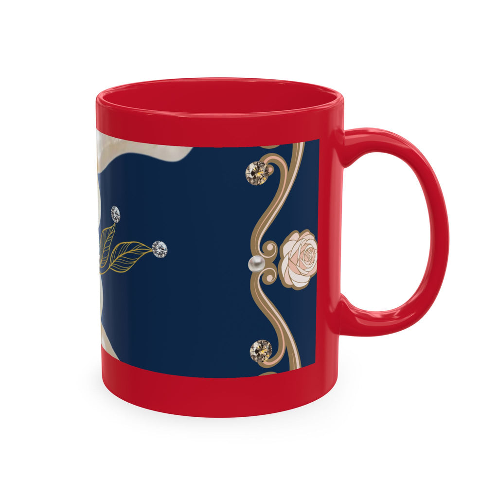Pearl & Diamond Navy Ceramic Mug — Elegant Vintage Jewelry Design