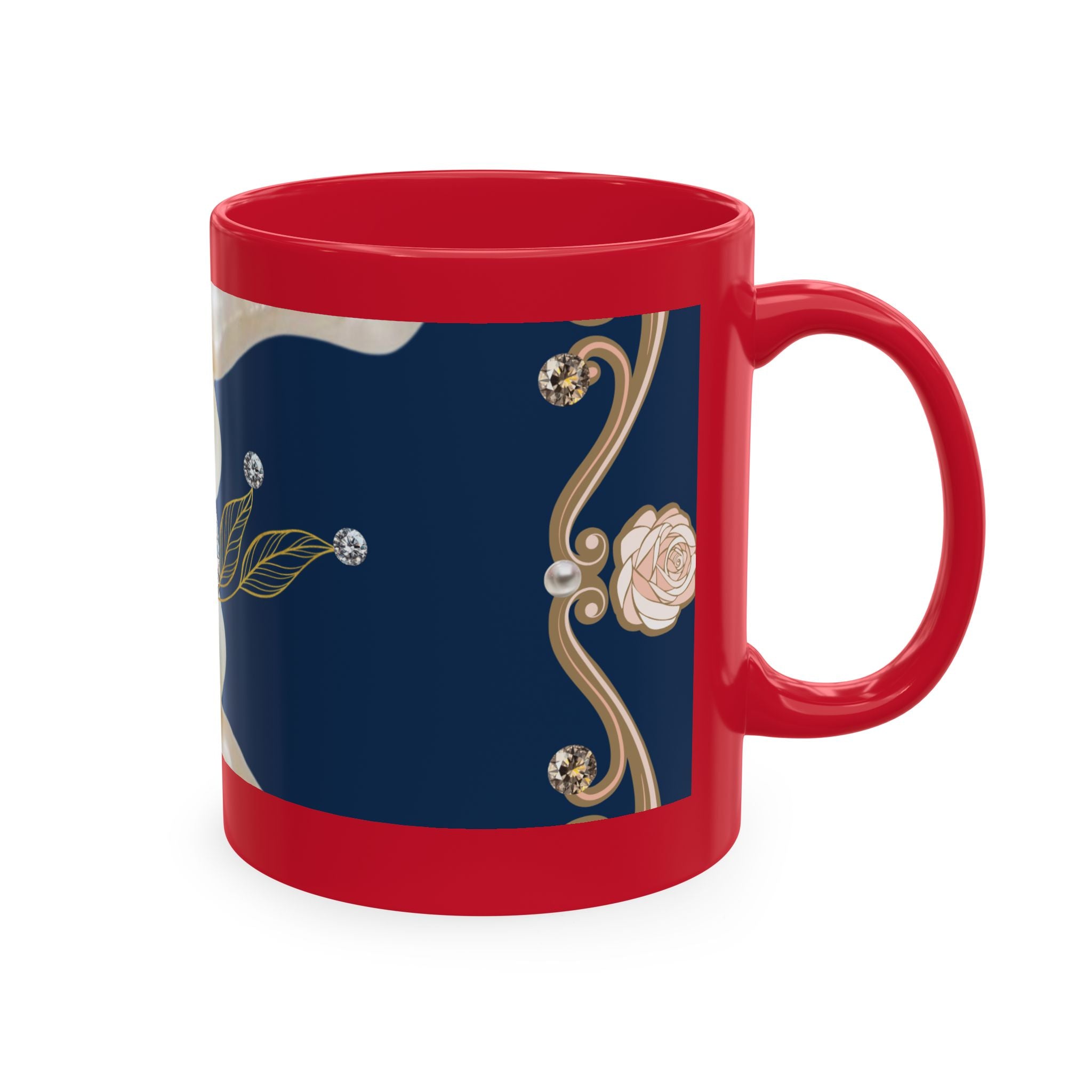 Pearl & Diamond Navy Ceramic Mug — Elegant Vintage Jewelry Design