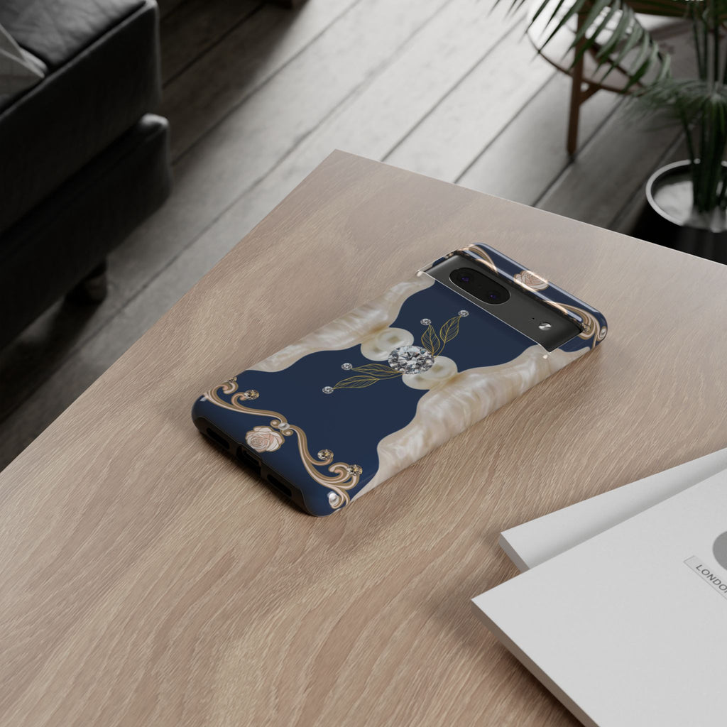 Navy Pearl & Diamond Phone Case — Elegant Floral Baroque Tough Case