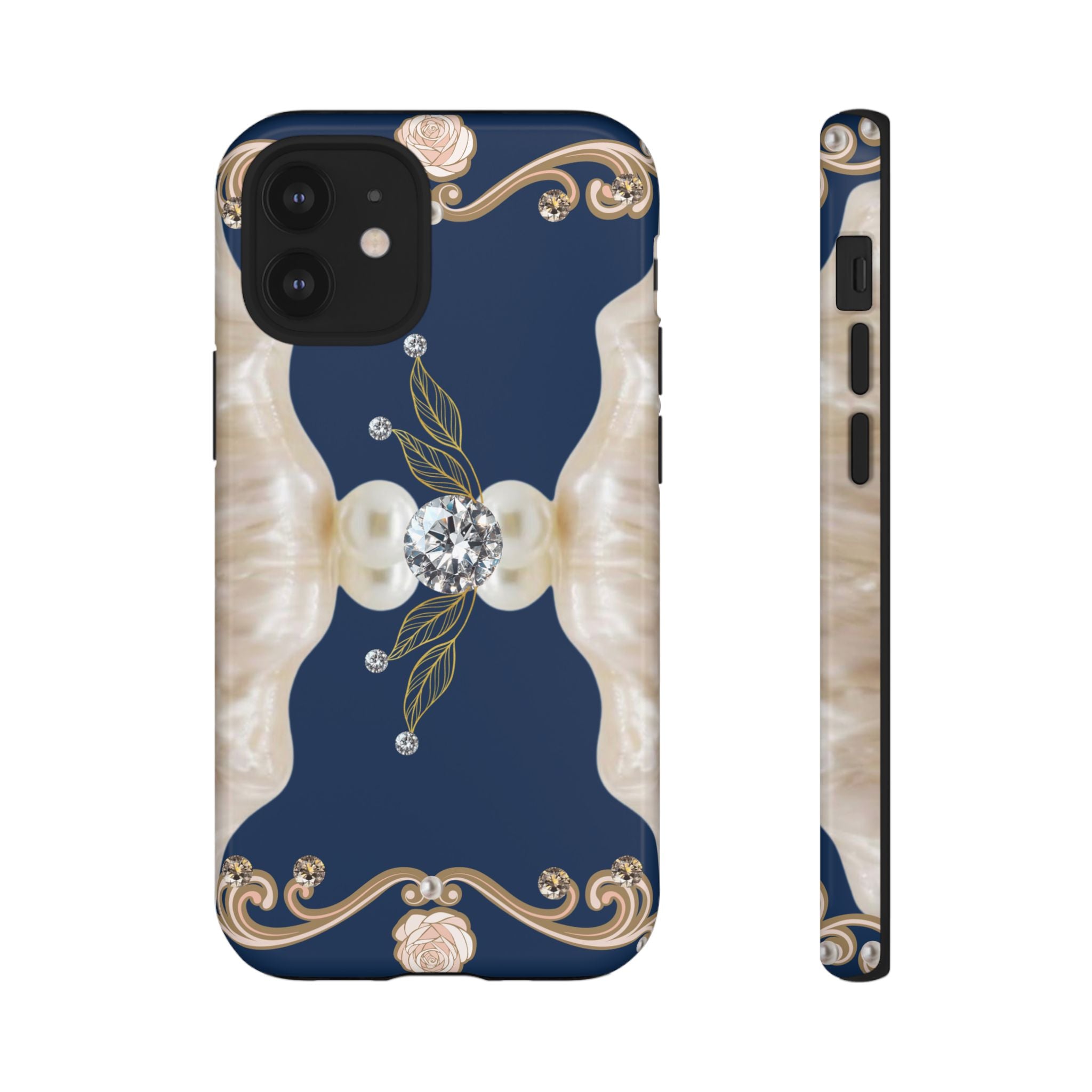 Navy Pearl & Diamond Phone Case — Elegant Floral Baroque Tough Case