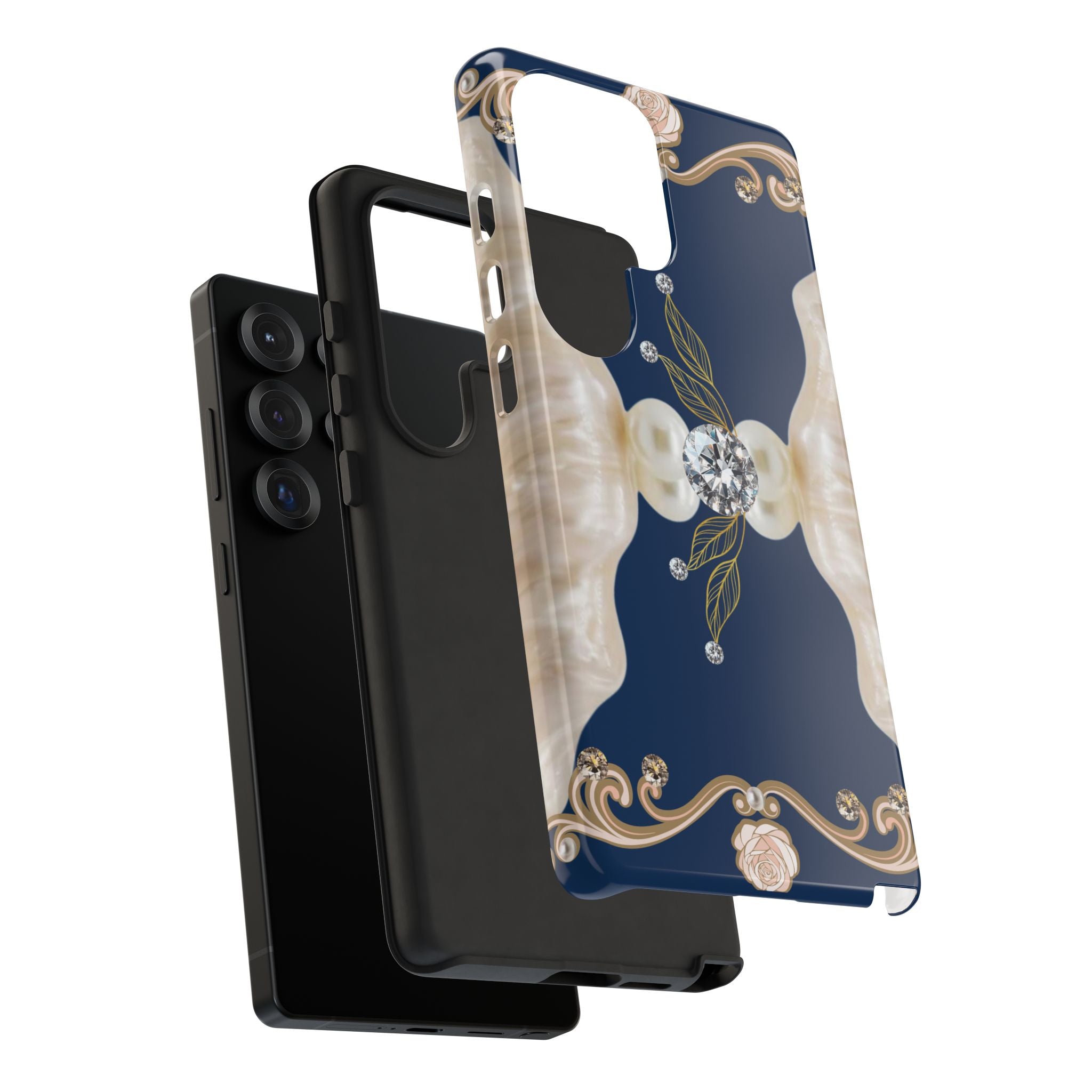 Navy Pearl & Diamond Phone Case — Elegant Floral Baroque Tough Case