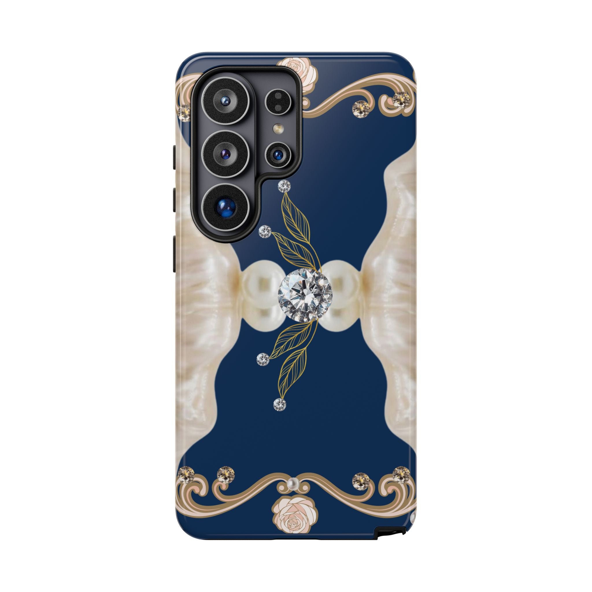 Navy Pearl & Diamond Phone Case — Elegant Floral Baroque Tough Case