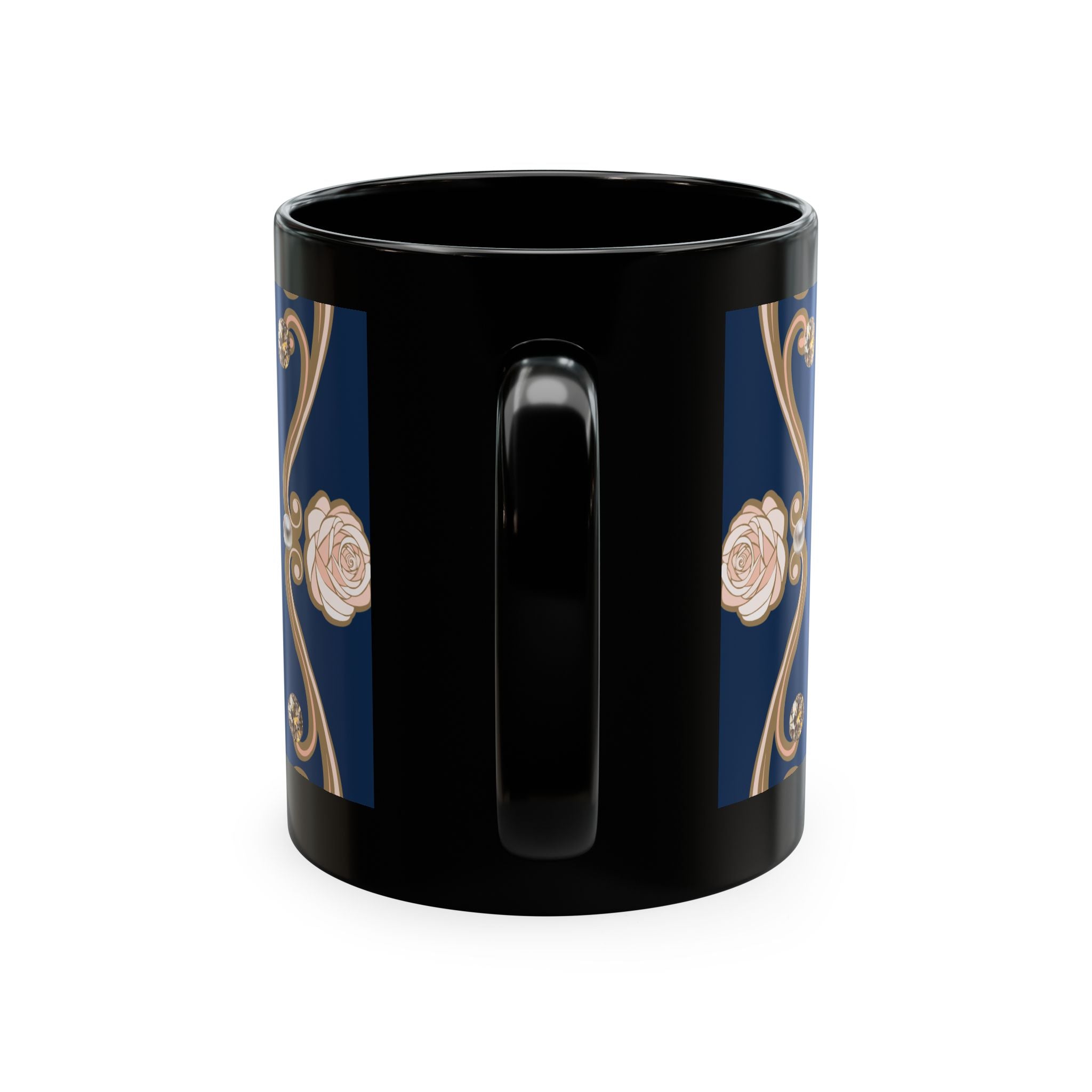 Pearl & Diamond Navy Ceramic Mug — Elegant Vintage Jewelry Design