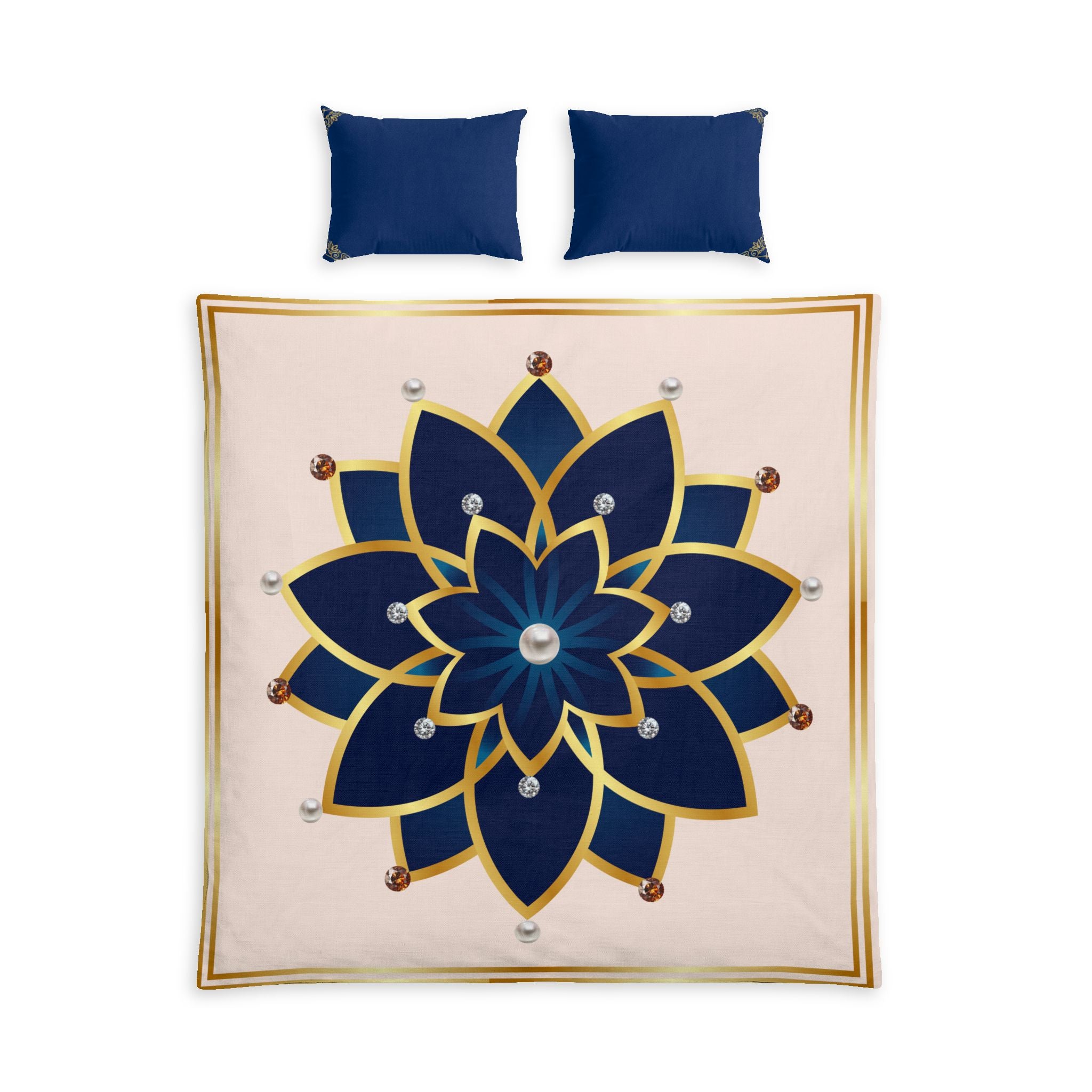 Cotton Bed Set - Elegant Navy & Gold Mandala Duvet Cover with Pillow Shams