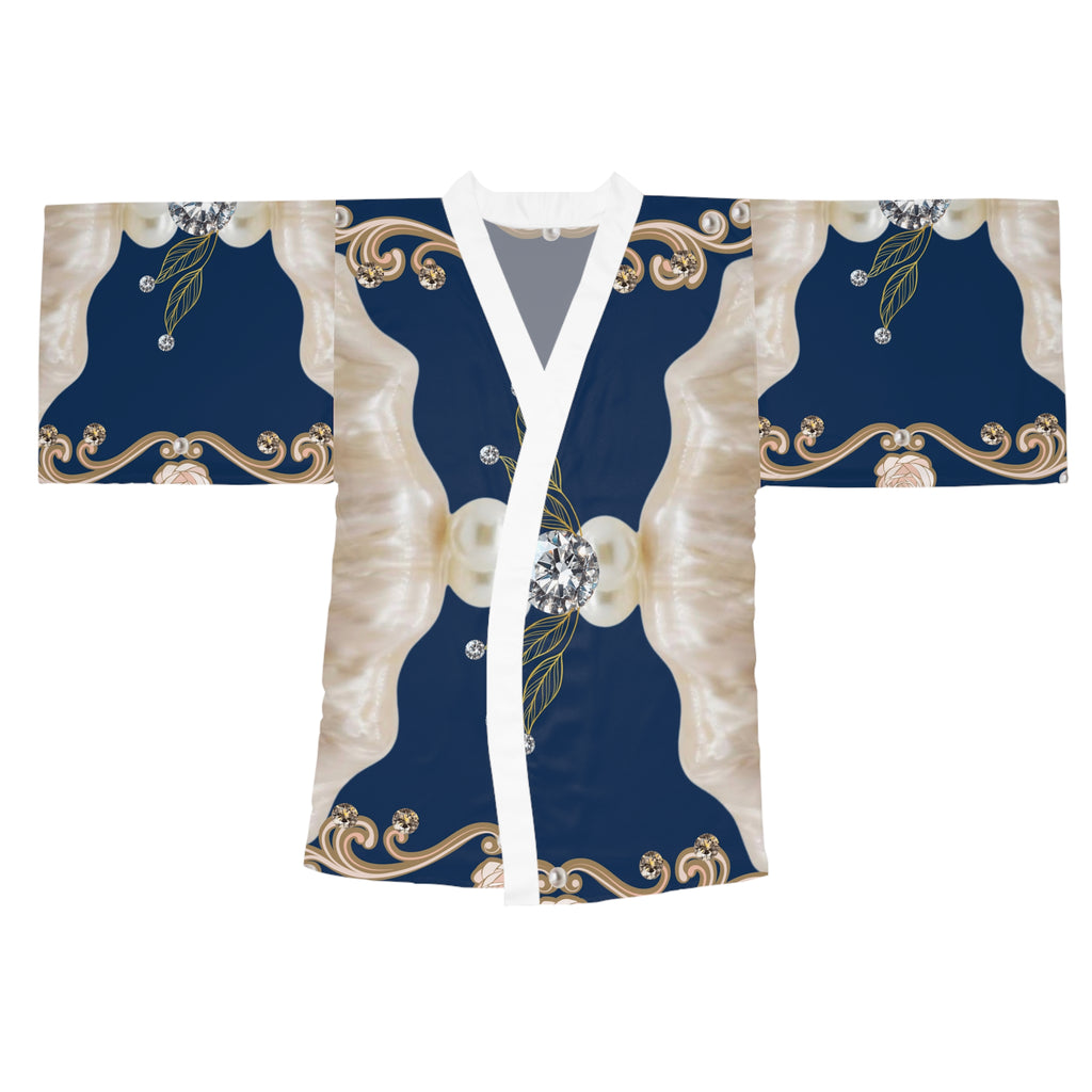 Silk-Style Navy Pearl & Diamond Kimono Robe — Luxe Floral Jewel Print