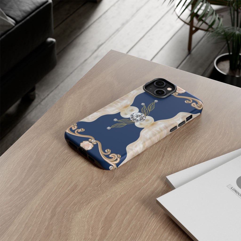 Navy Pearl & Diamond Phone Case — Elegant Floral Baroque Tough Case