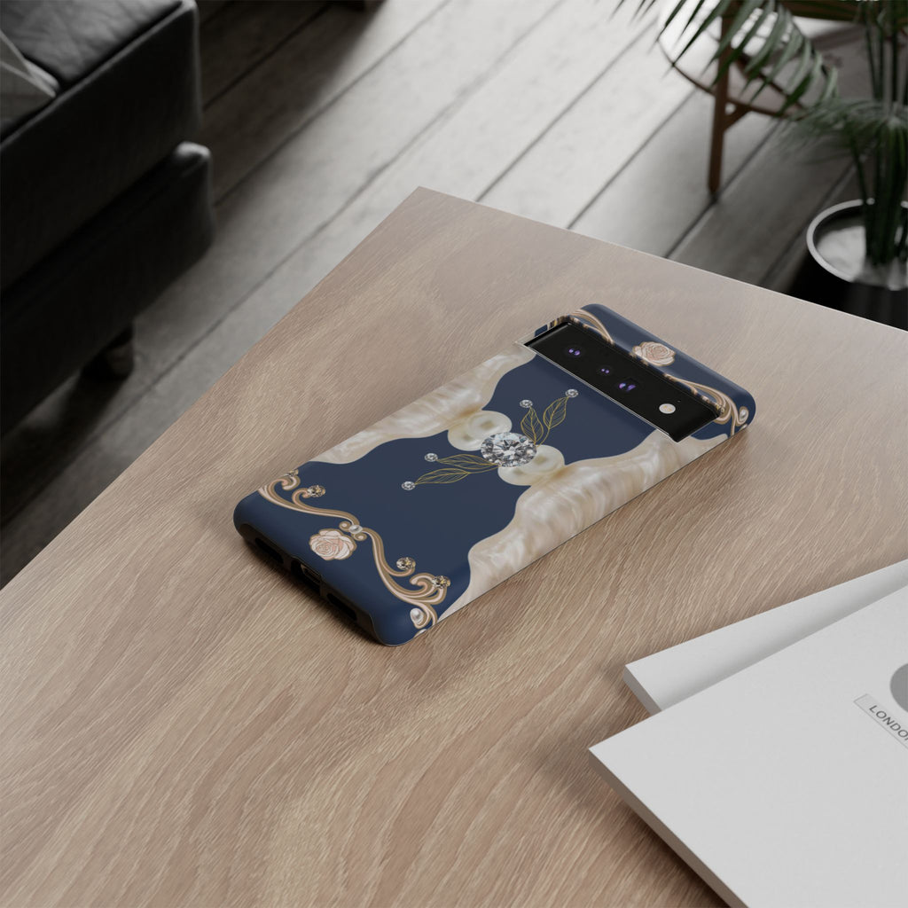 Navy Pearl & Diamond Phone Case — Elegant Floral Baroque Tough Case