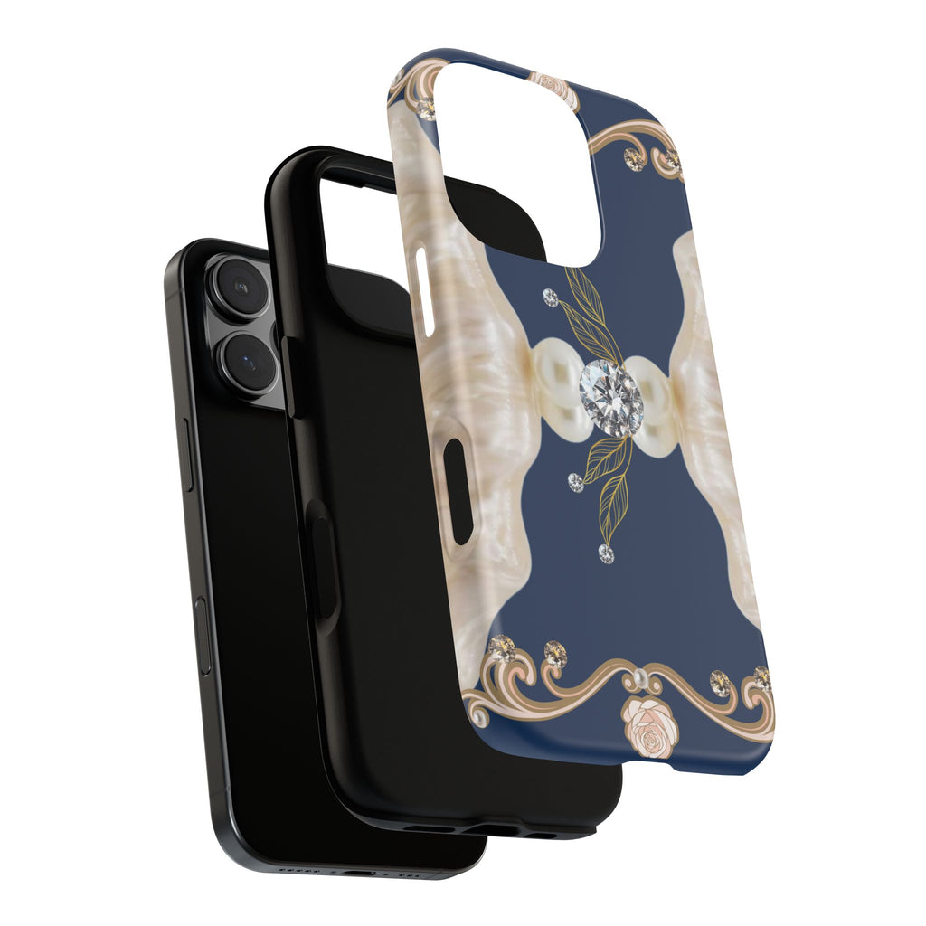 Navy Pearl & Diamond Phone Case — Elegant Floral Baroque Tough Case