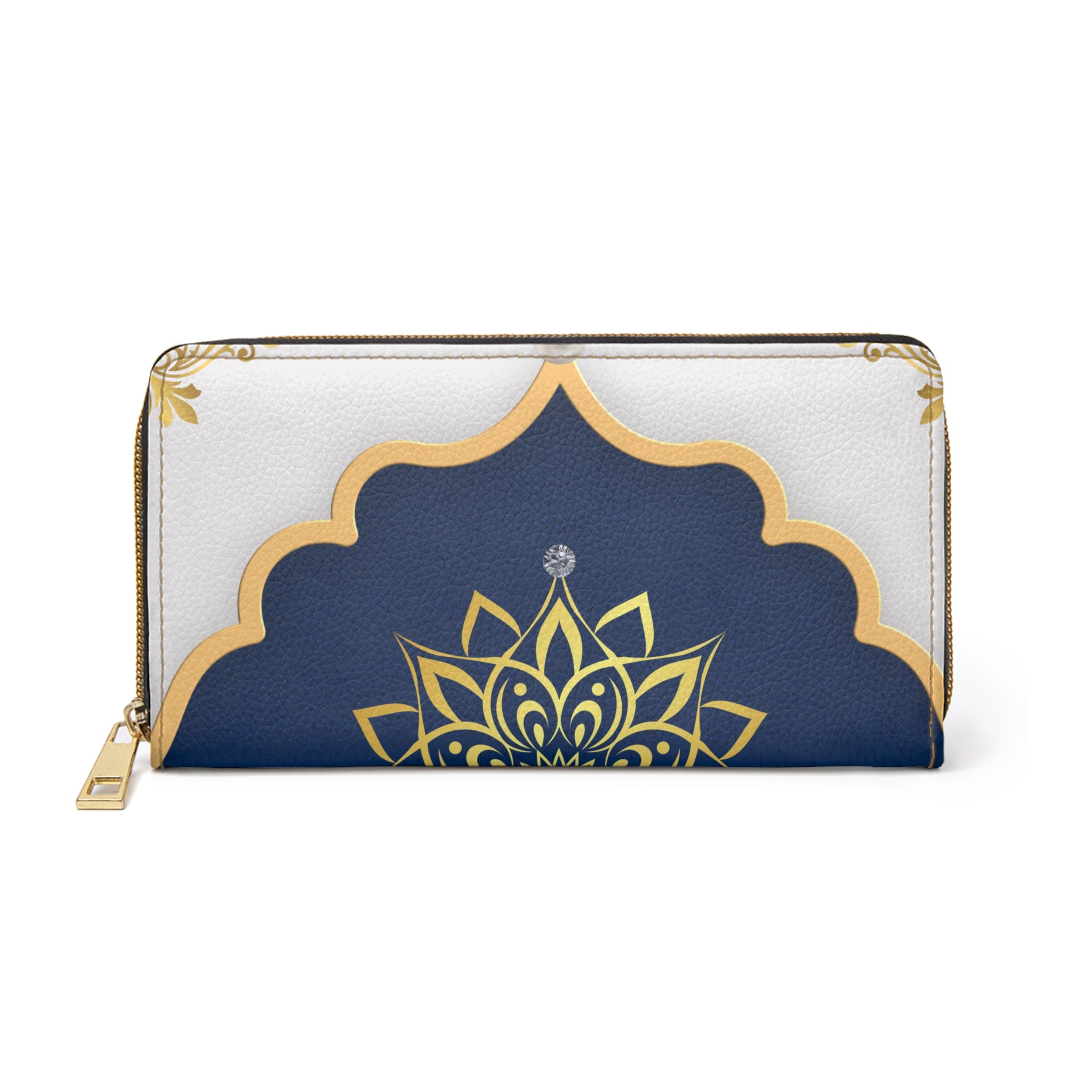 Navy & Gold Mandala Zipper Wallet — Elegant Floral Zip Wallet