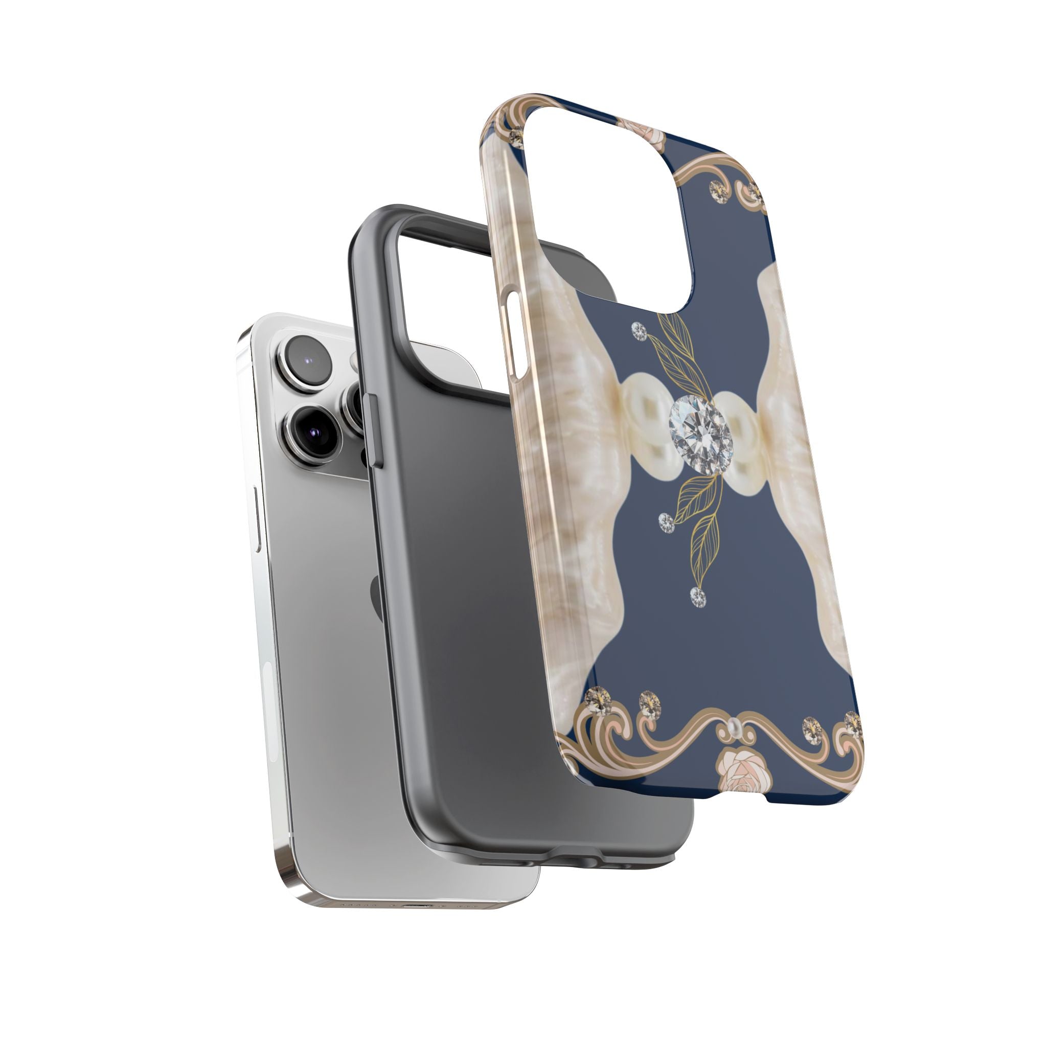 Navy Pearl & Diamond Phone Case — Elegant Floral Baroque Tough Case