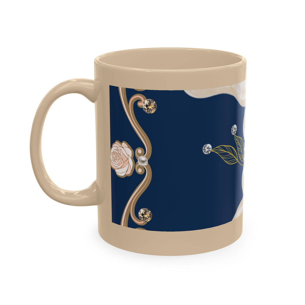 Pearl & Diamond Navy Ceramic Mug — Elegant Vintage Jewelry Design