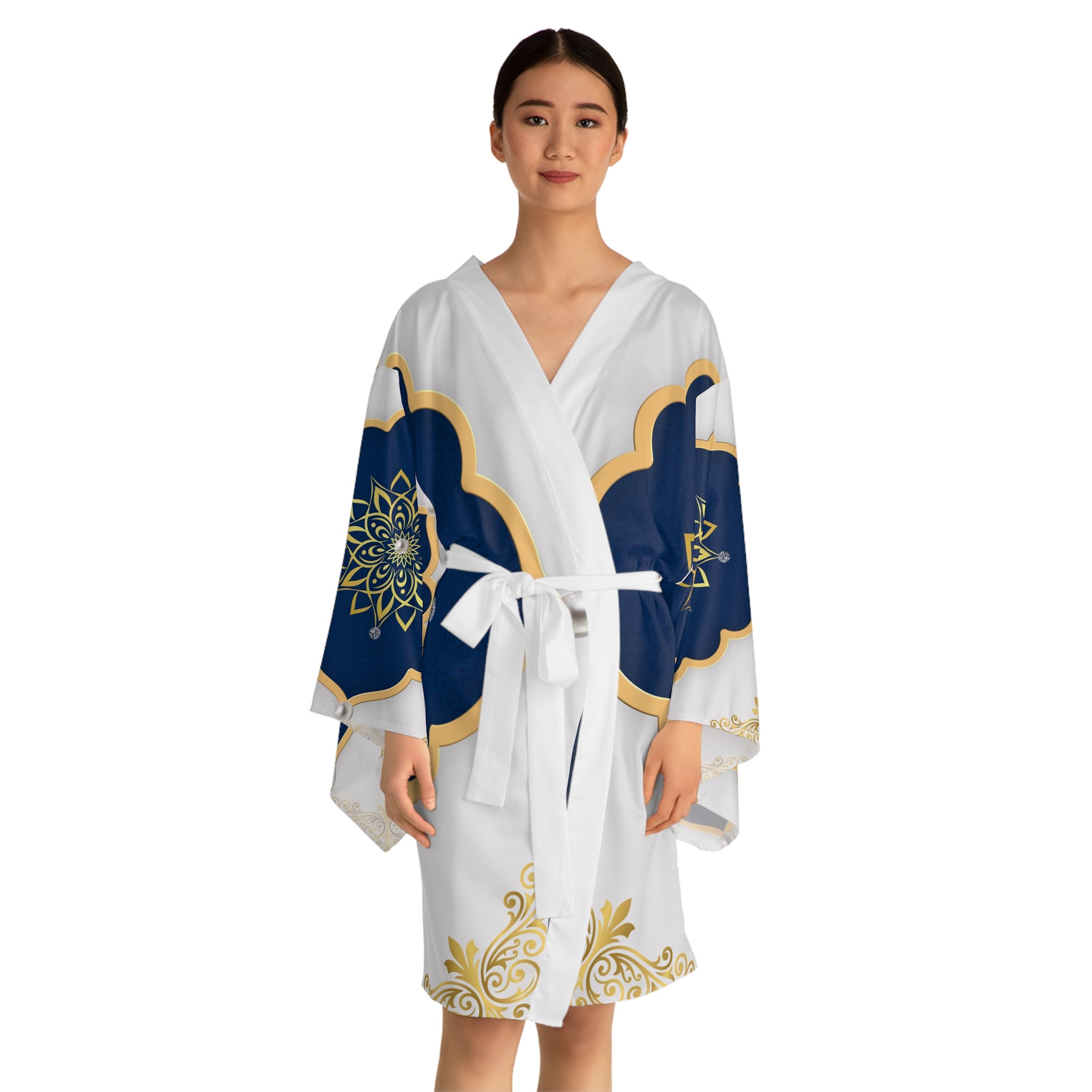 Navy & Gold Mandala Kimono Robe — Luxe Long-Sleeve Lounge Wrap