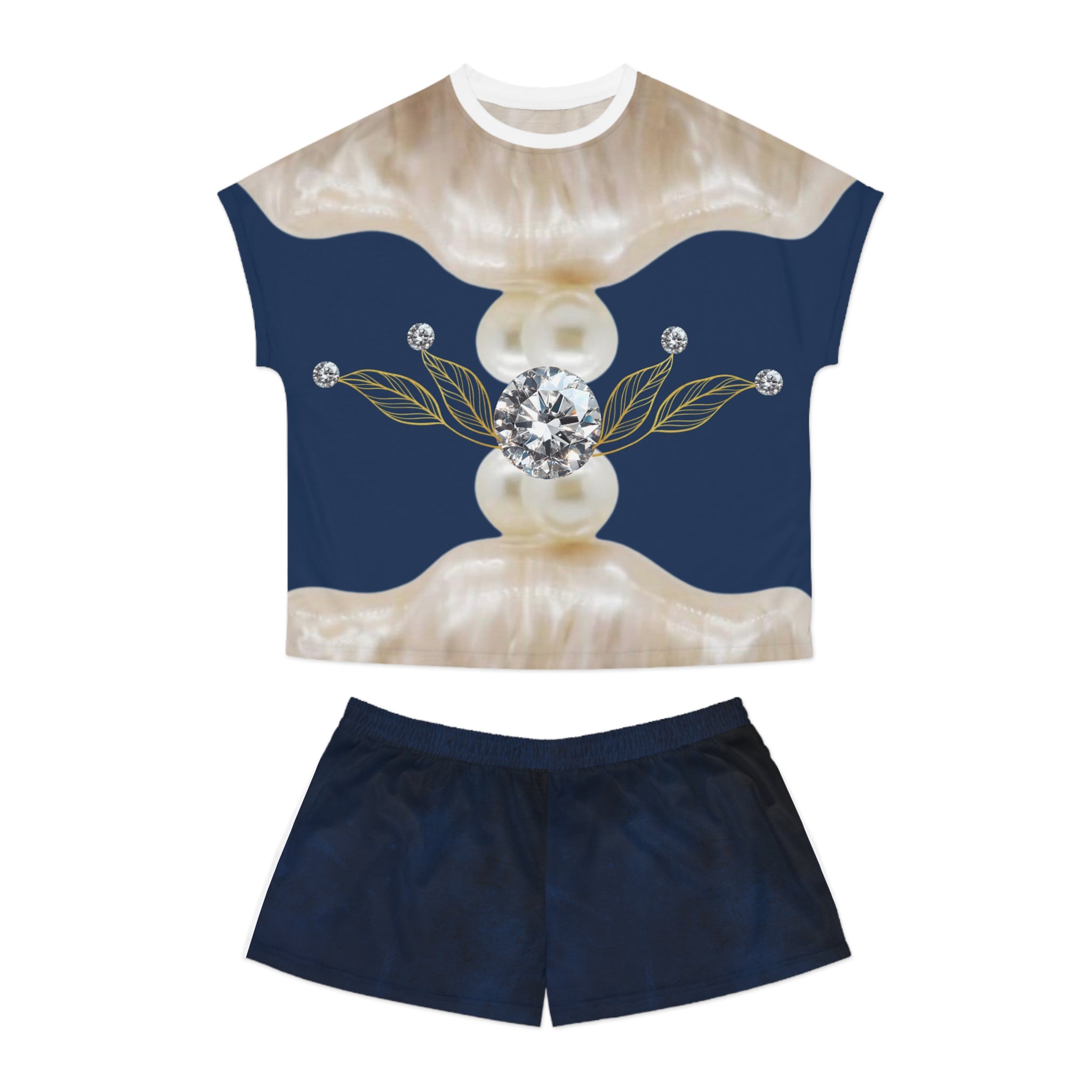 Pearl & Diamond Pattern Women's Pajama Set — Navy Floral Luxe Shorts Sleepwear