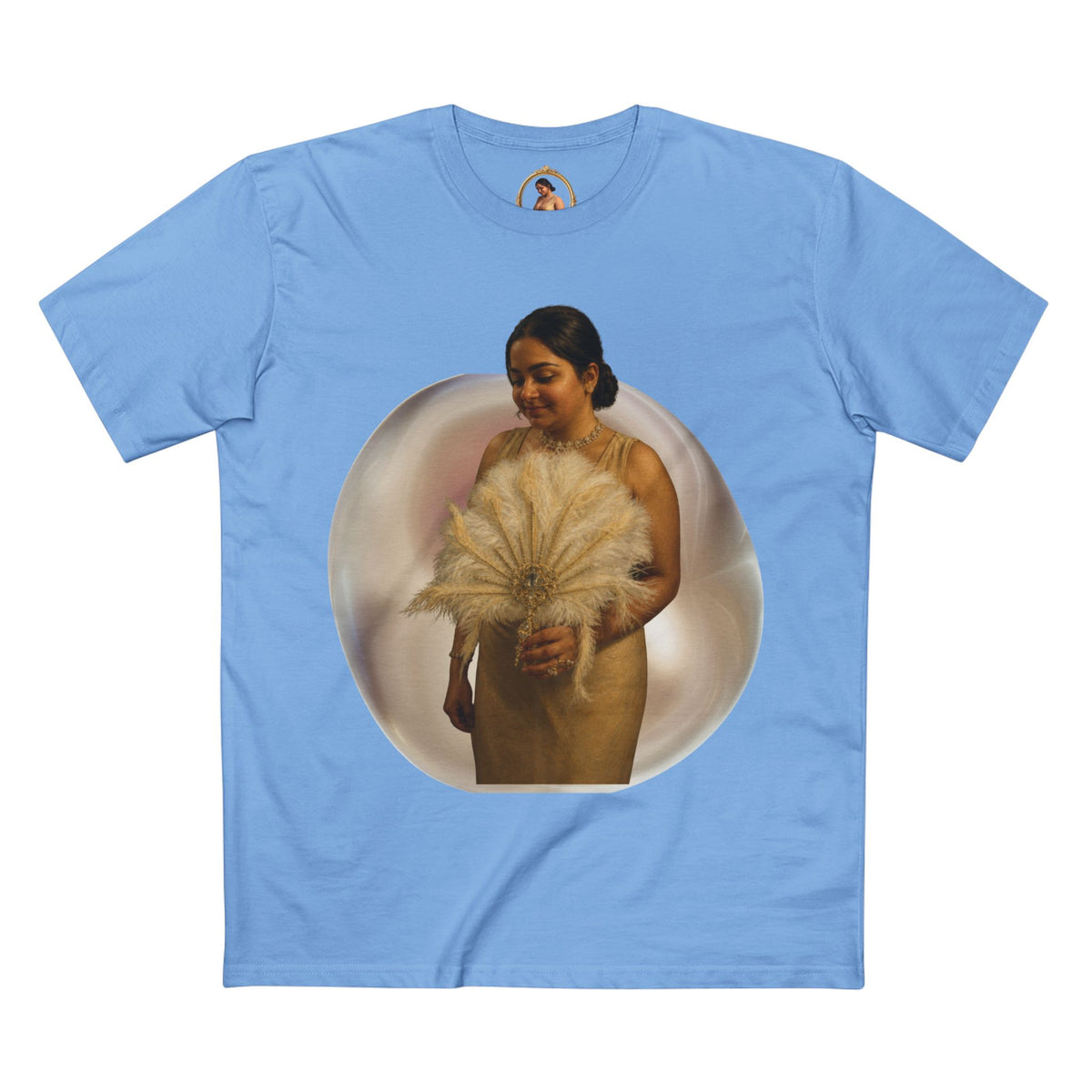 Drashti T‑Shirt — Vintage Portrait Bubble with 'We Will Be Home' Script