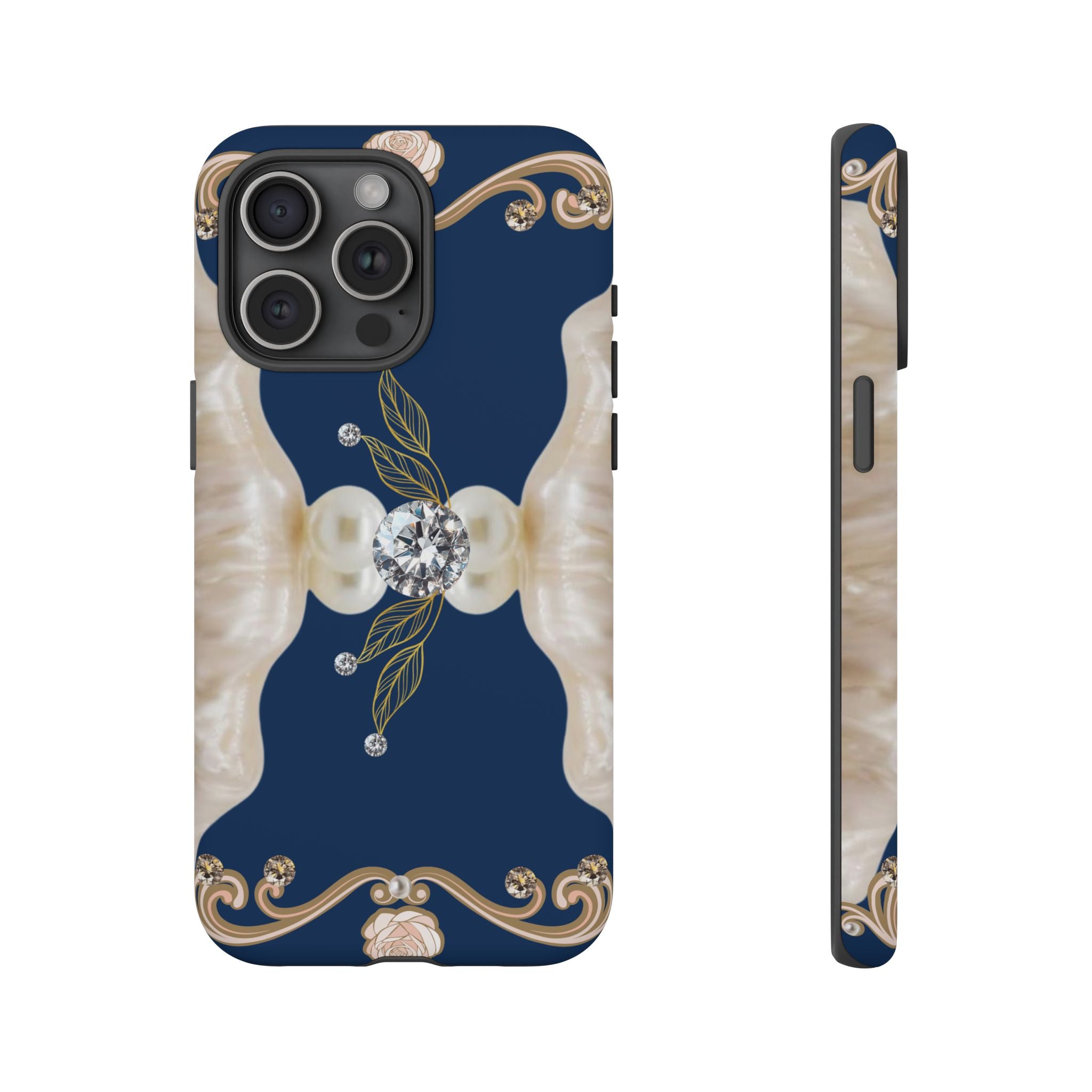 Navy Pearl & Diamond Phone Case — Elegant Floral Baroque Tough Case