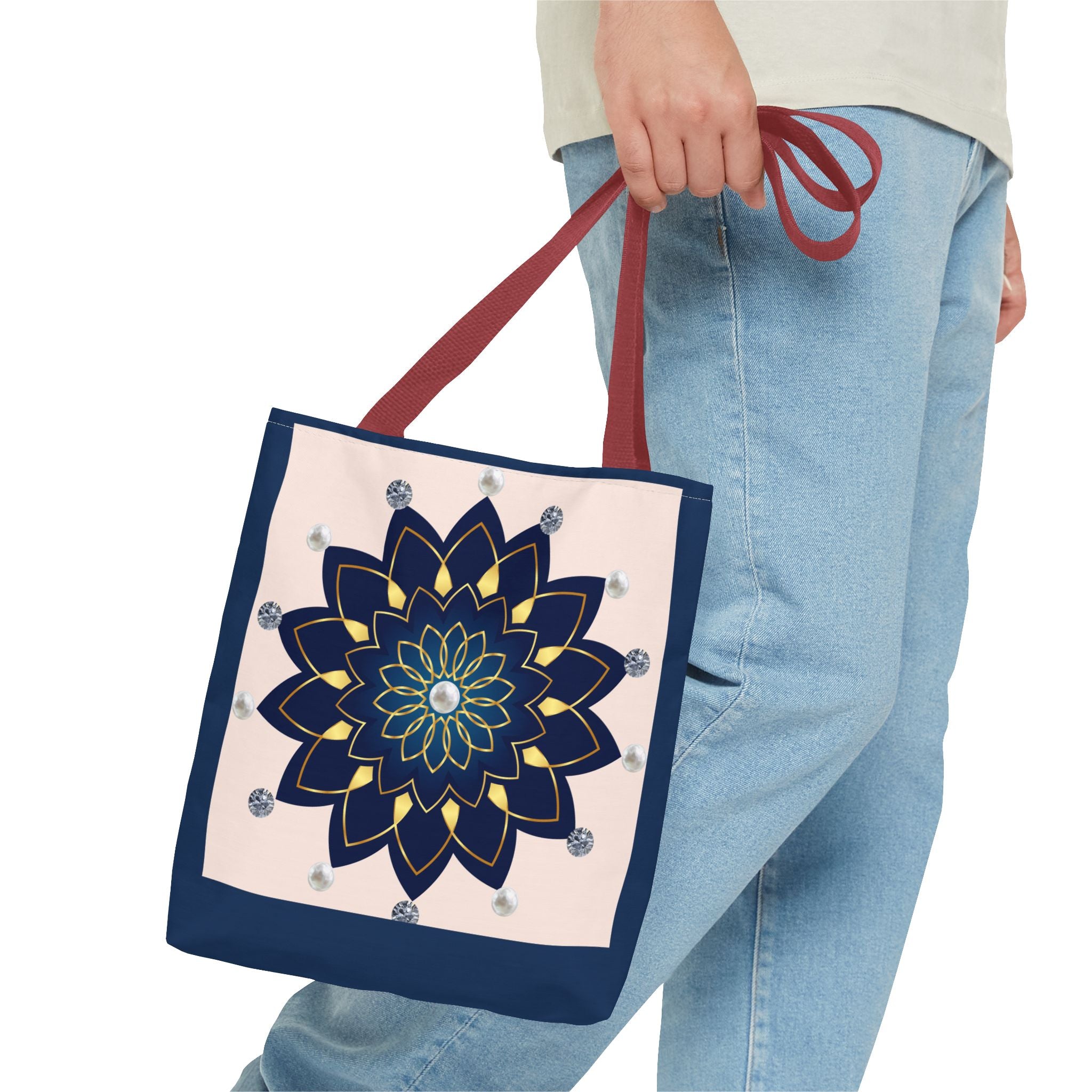 Mandala Floral Tote Bag — Navy 'Love, [Signature]' All-Over Print