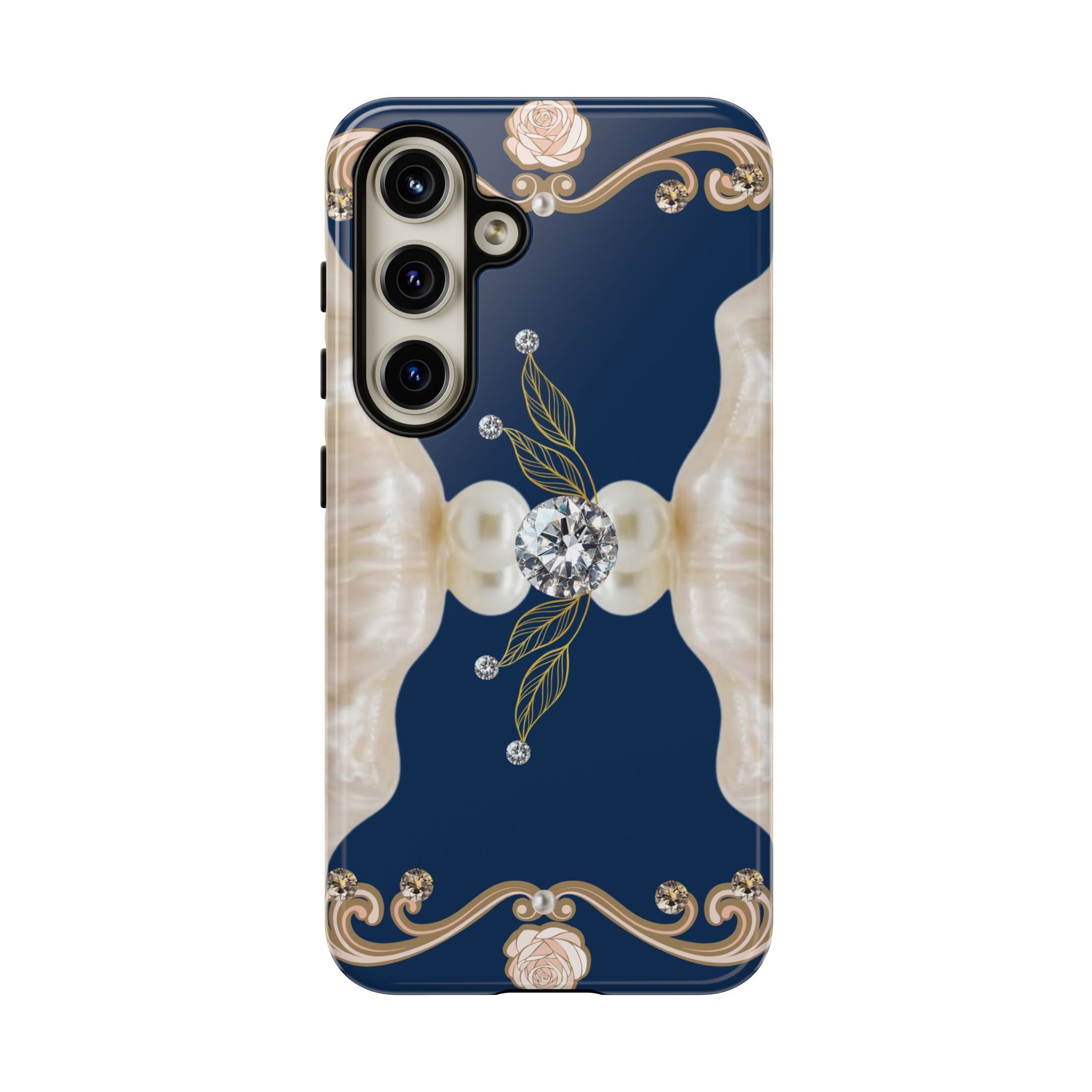 Navy Pearl & Diamond Phone Case — Elegant Floral Baroque Tough Case