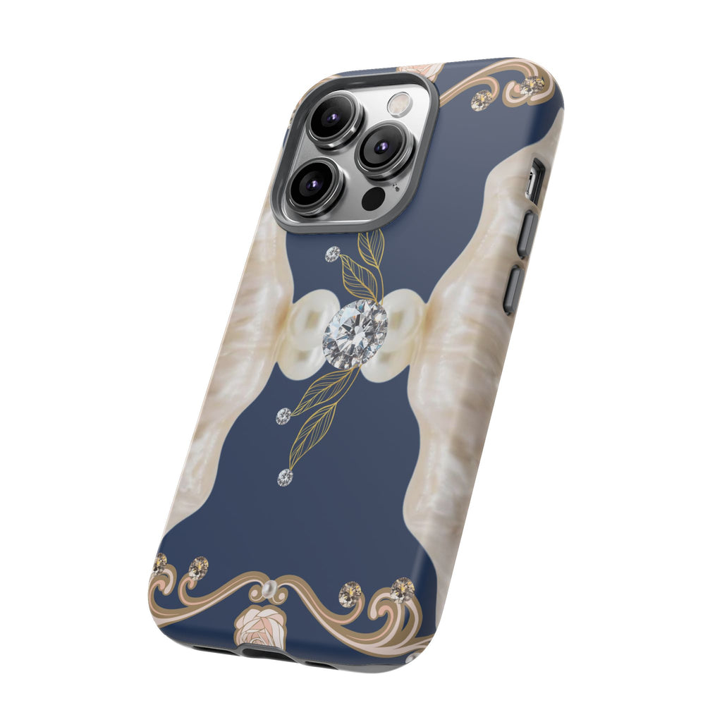 Navy Pearl & Diamond Phone Case — Elegant Floral Baroque Tough Case