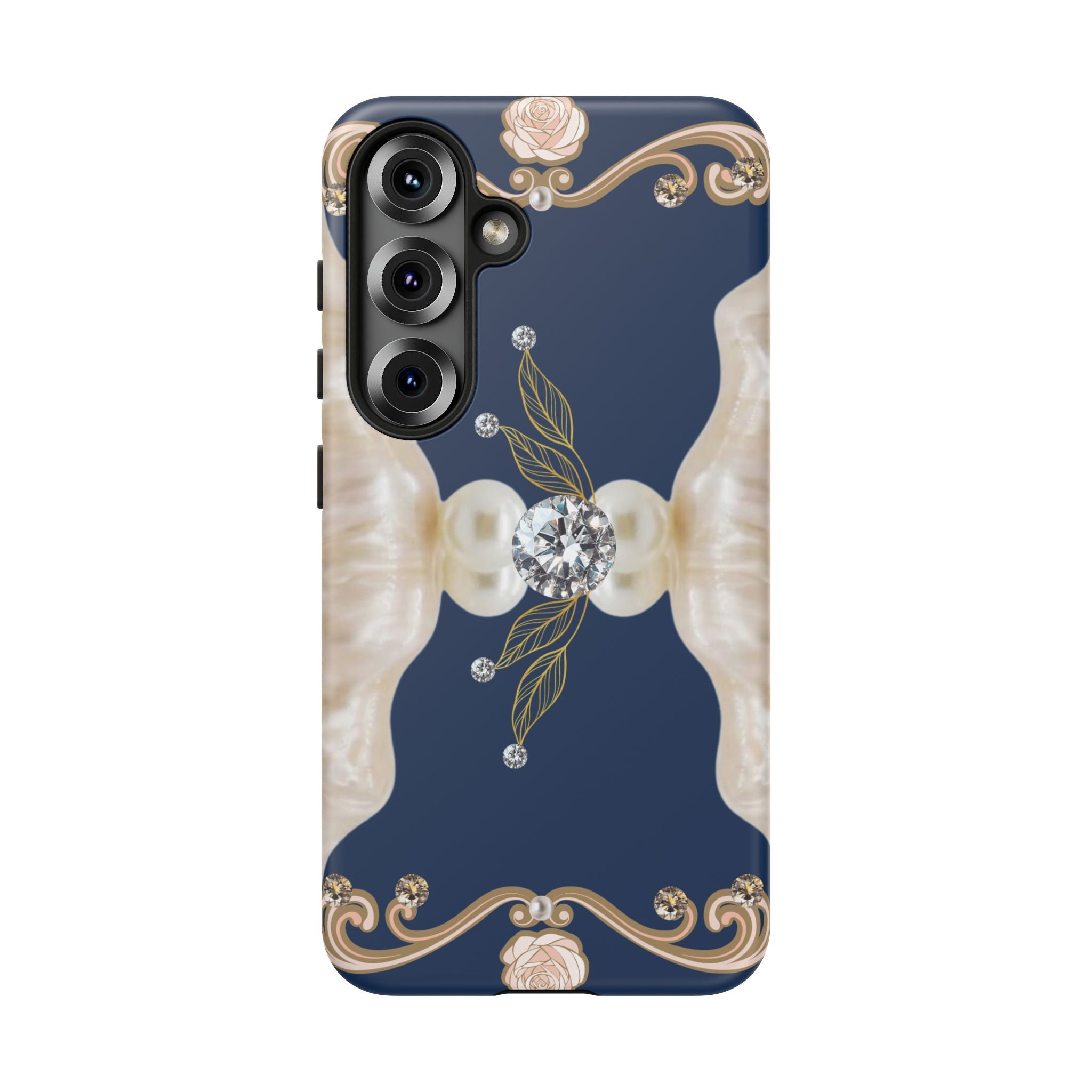 Navy Pearl & Diamond Phone Case — Elegant Floral Baroque Tough Case