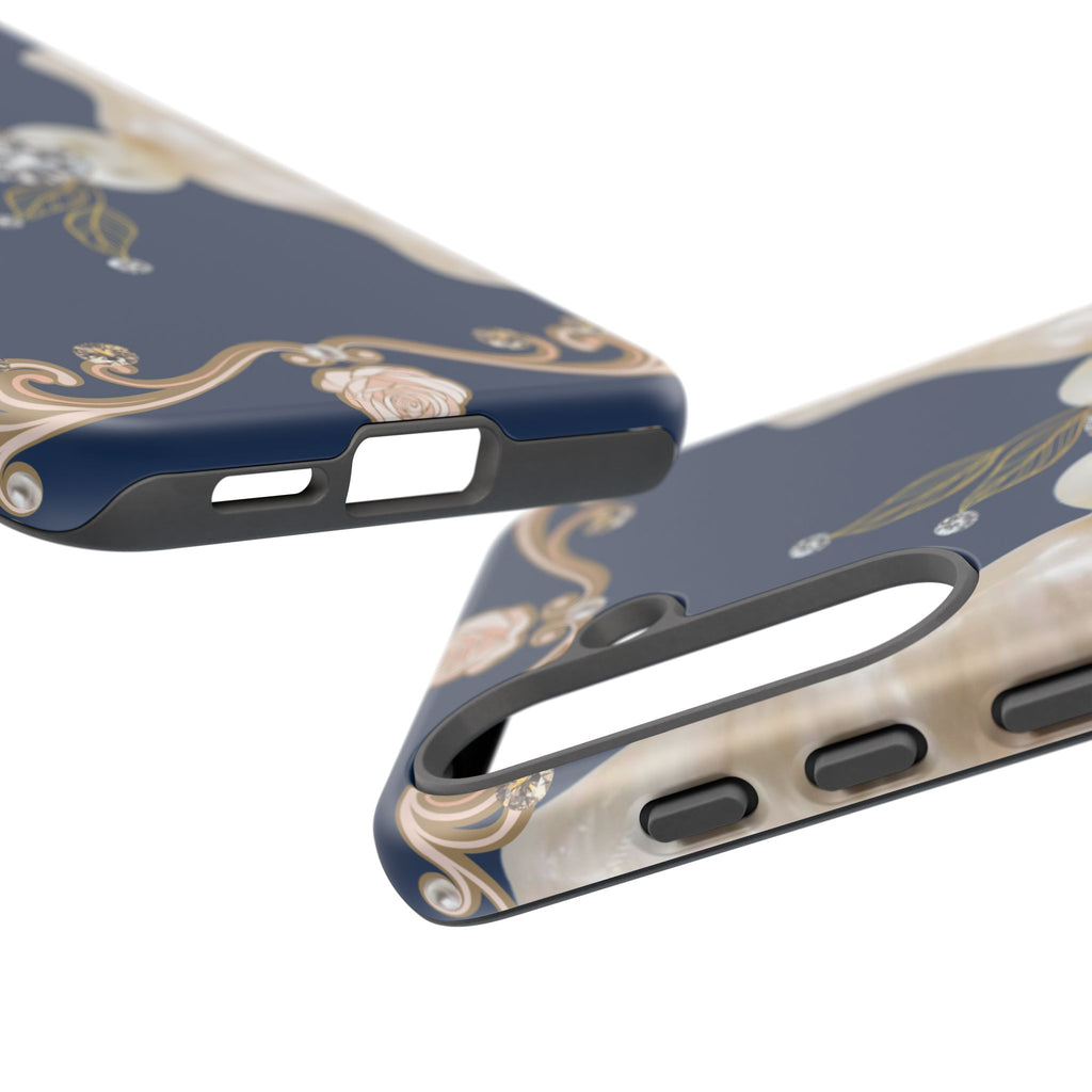 Navy Pearl & Diamond Phone Case — Elegant Floral Baroque Tough Case