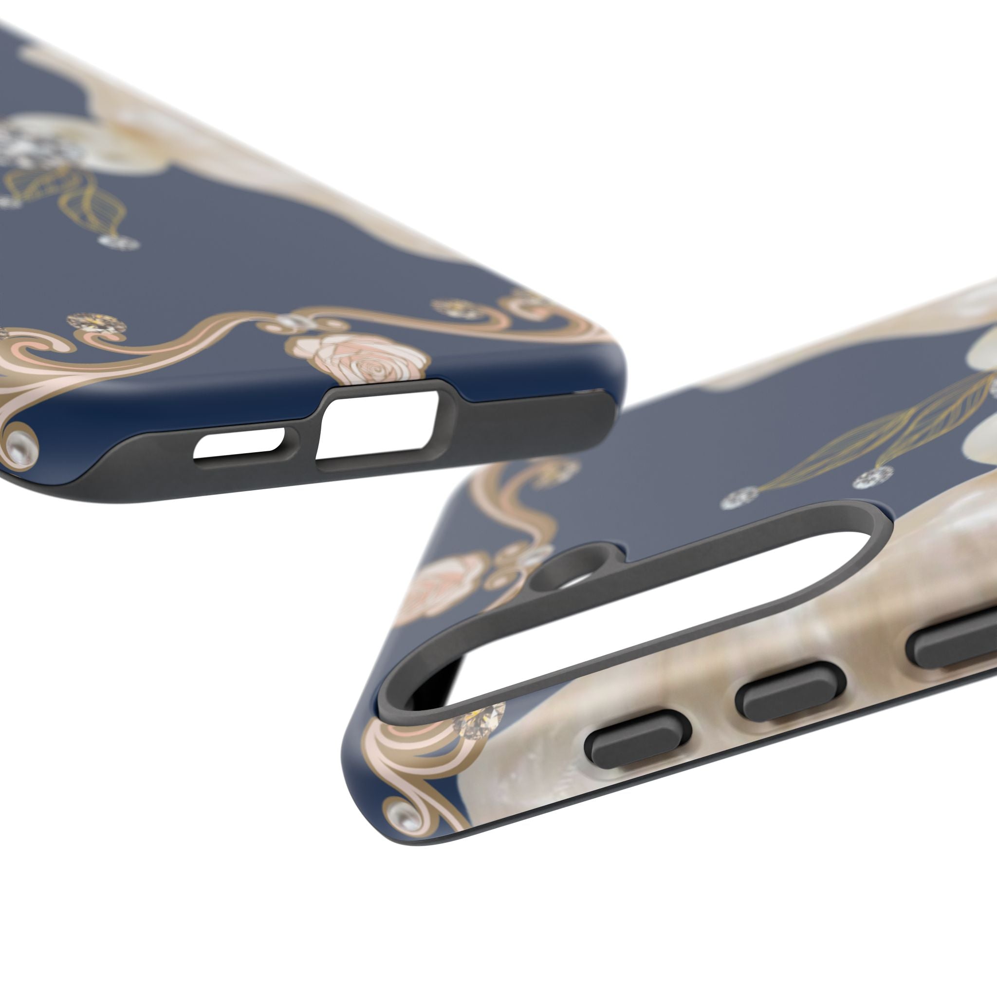 Navy Pearl & Diamond Phone Case — Elegant Floral Baroque Tough Case