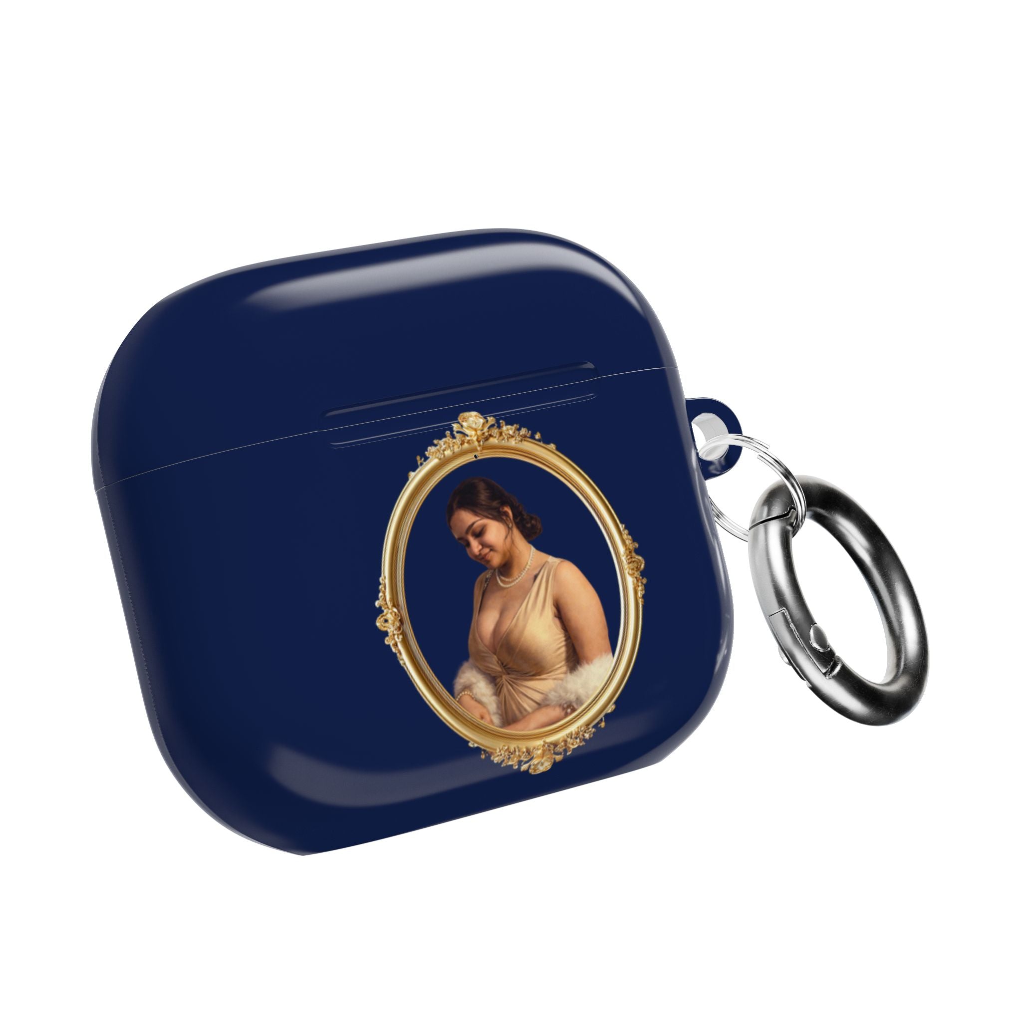 Classic Portrait Navy AirPods Case — Vintage Gold Frame Design