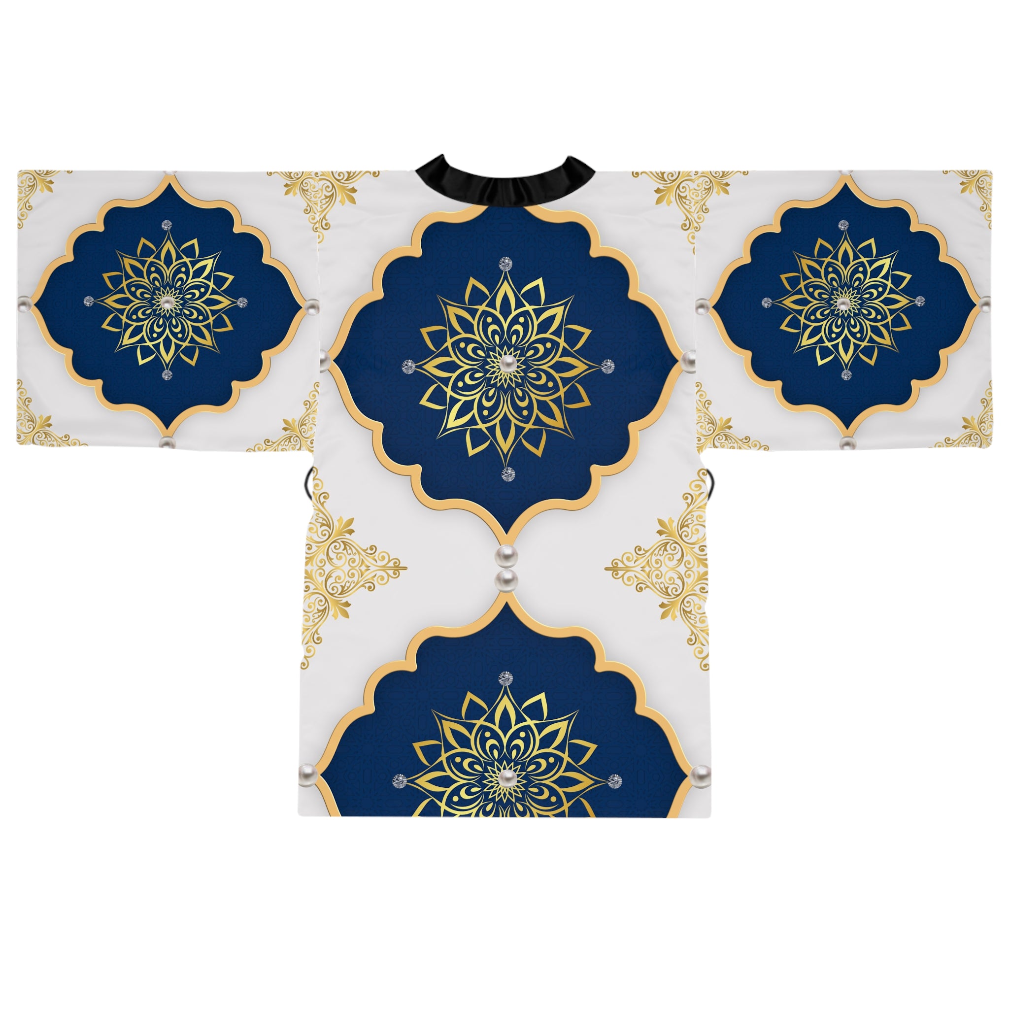 Navy & Gold Mandala Kimono Robe — Luxe Long-Sleeve Lounge Wrap