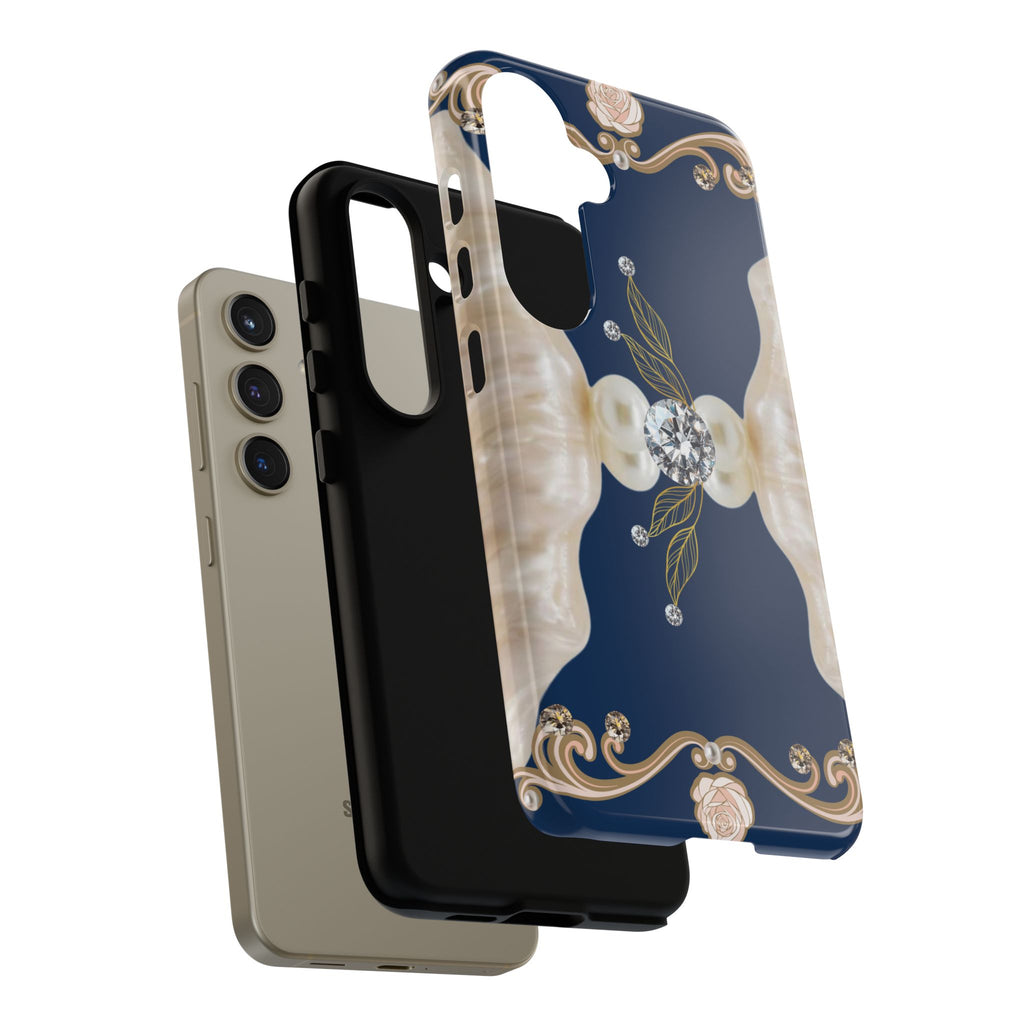 Navy Pearl & Diamond Phone Case — Elegant Floral Baroque Tough Case