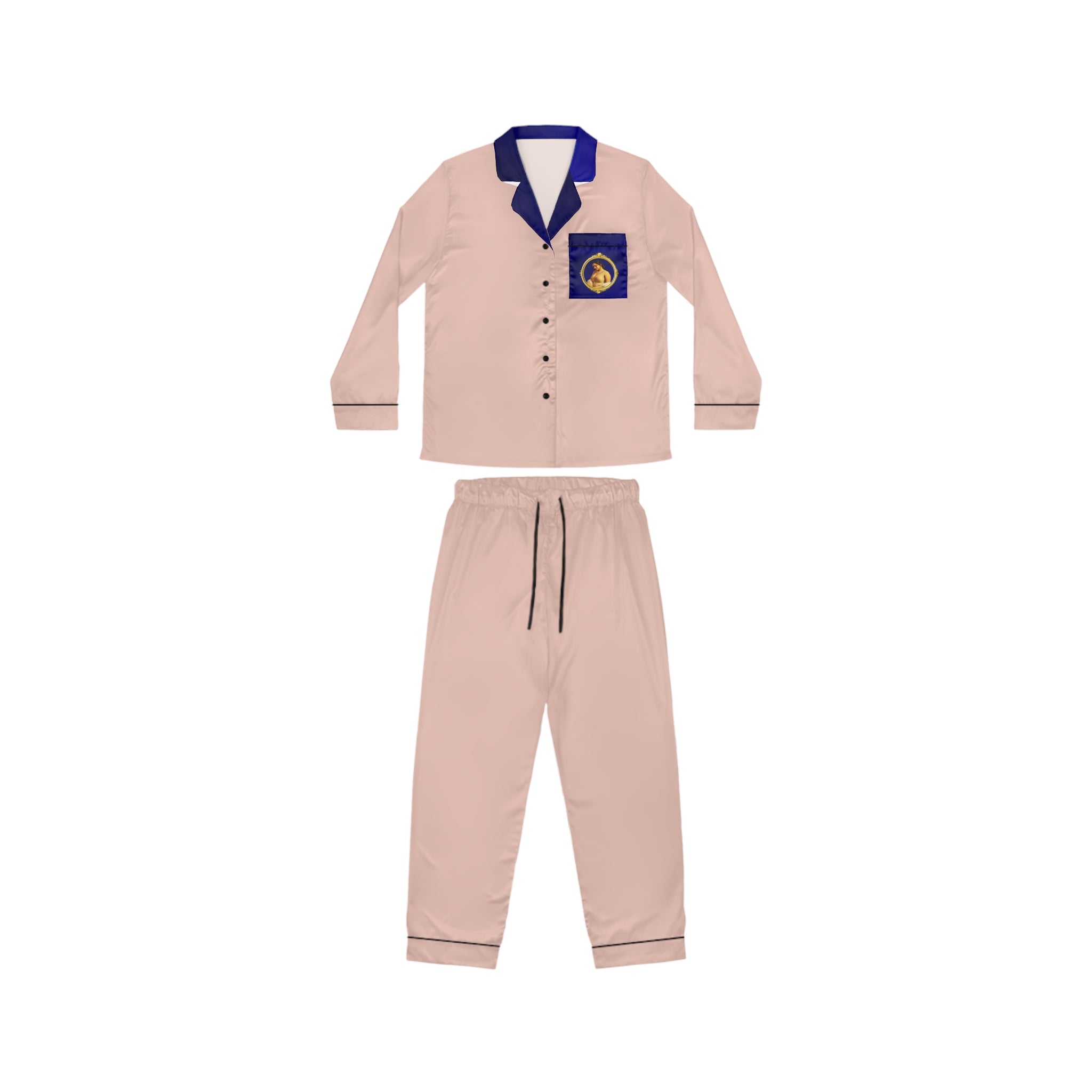 Women's Satin Pajama Set - Blush Pink with Navy Trim (Silky Loungewear)