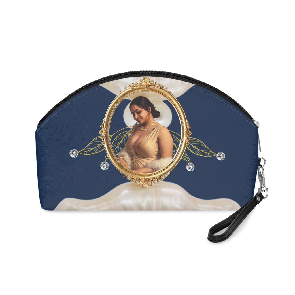 Drashti Cosmetic Bag — Elegant Blue Makeup Pouch with Gold Frame