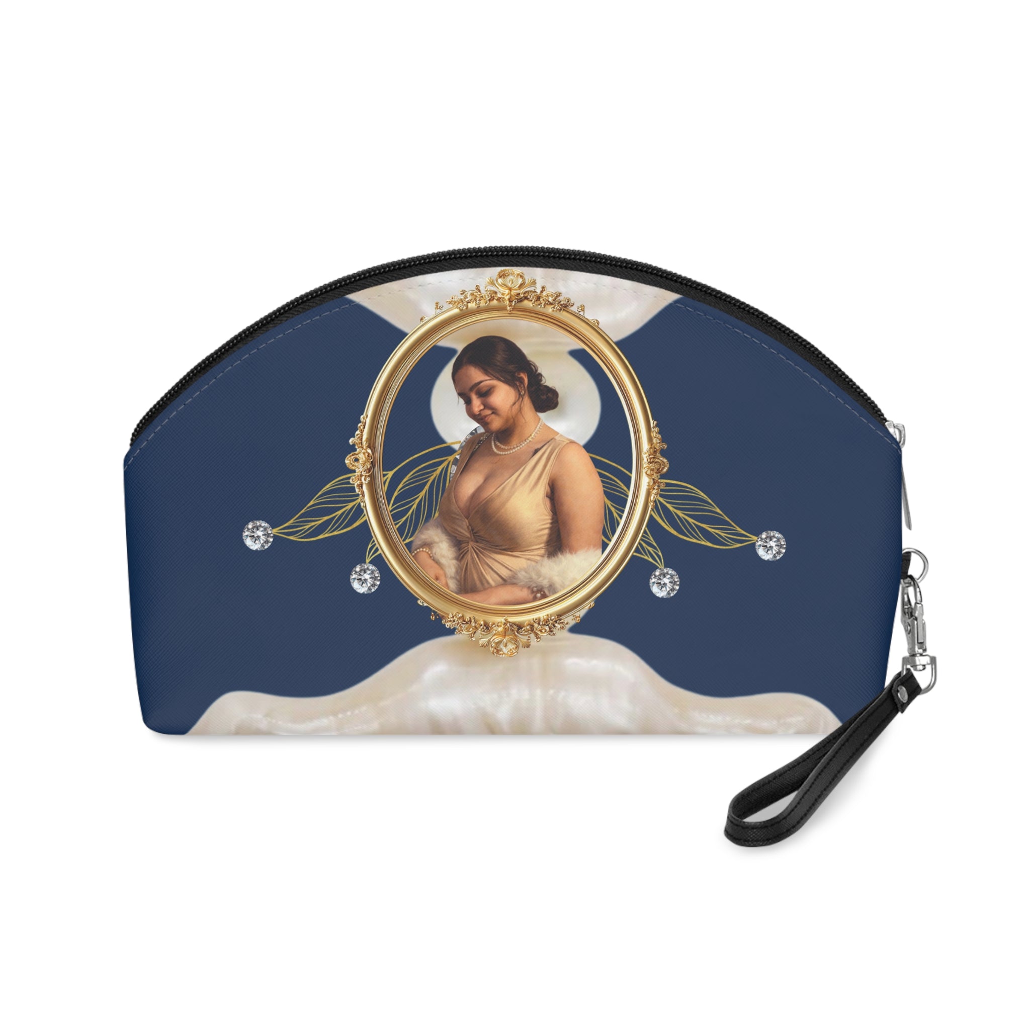 Drashti Cosmetic Bag — Elegant Blue Makeup Pouch with Gold Frame