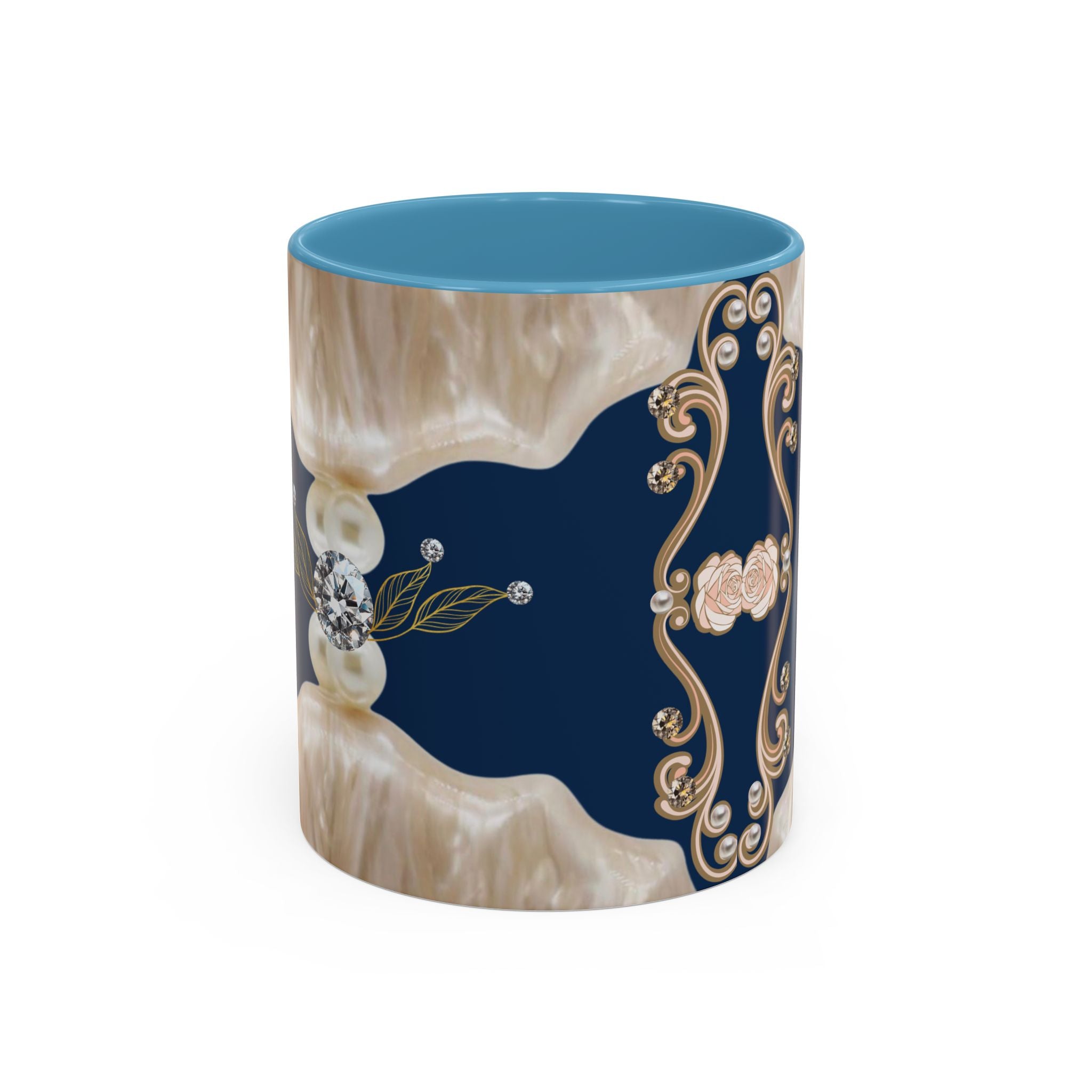Elegant Navy Pearl Accent Coffee Mug - Vintage Baroque Floral Design (11/15oz)