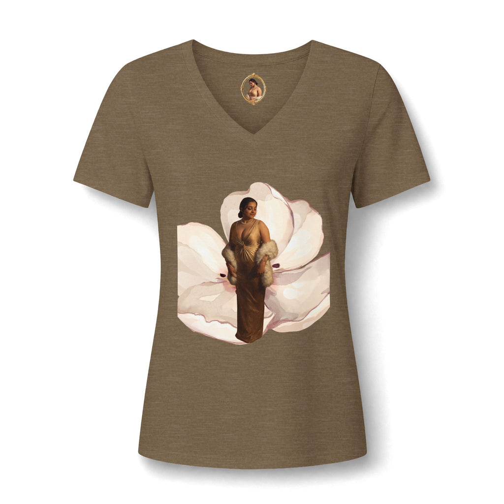 Floral Portrait V‑Neck Tee — Vintage Woman in Magnolia Print