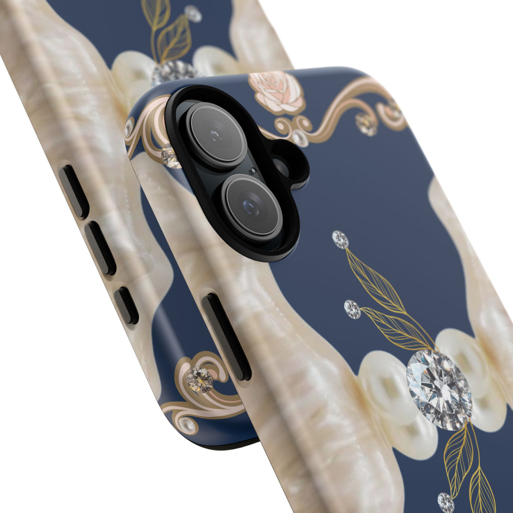 Navy Pearl & Diamond Phone Case — Elegant Floral Baroque Tough Case