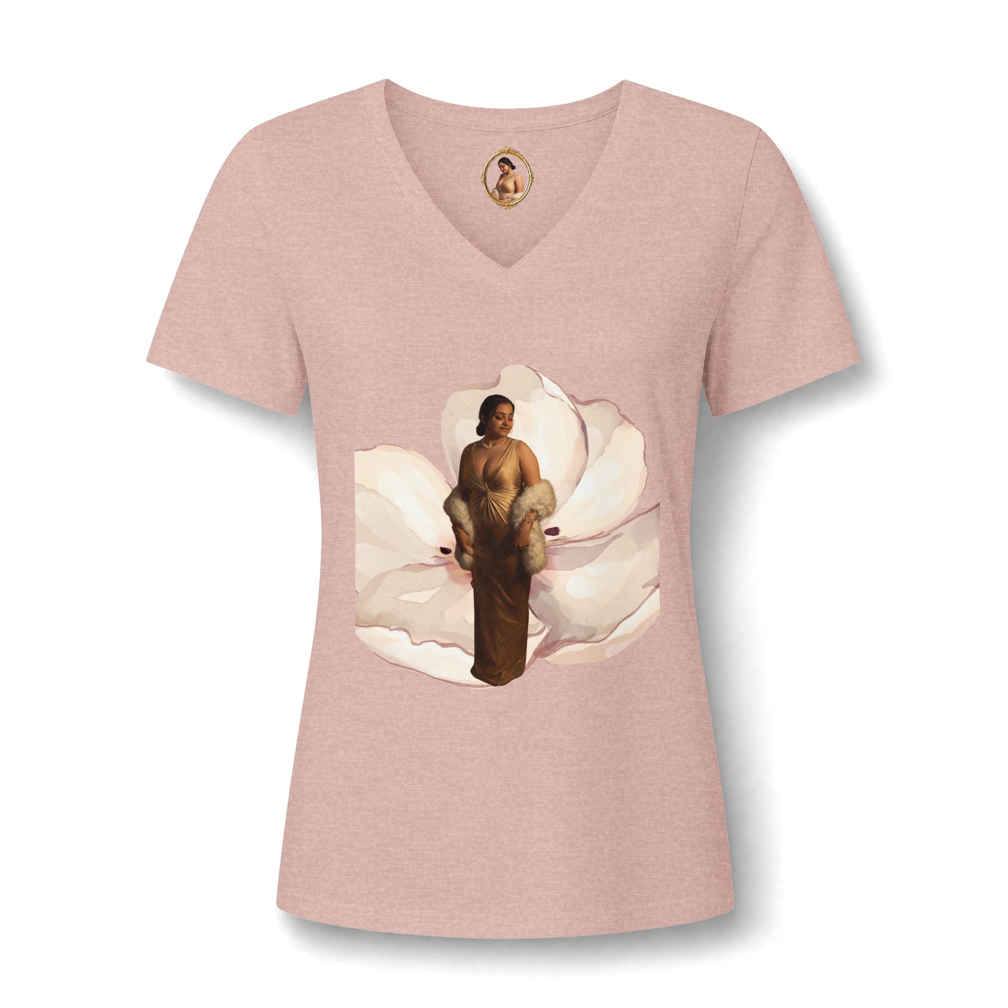 Floral Portrait V‑Neck Tee — Vintage Woman in Magnolia Print