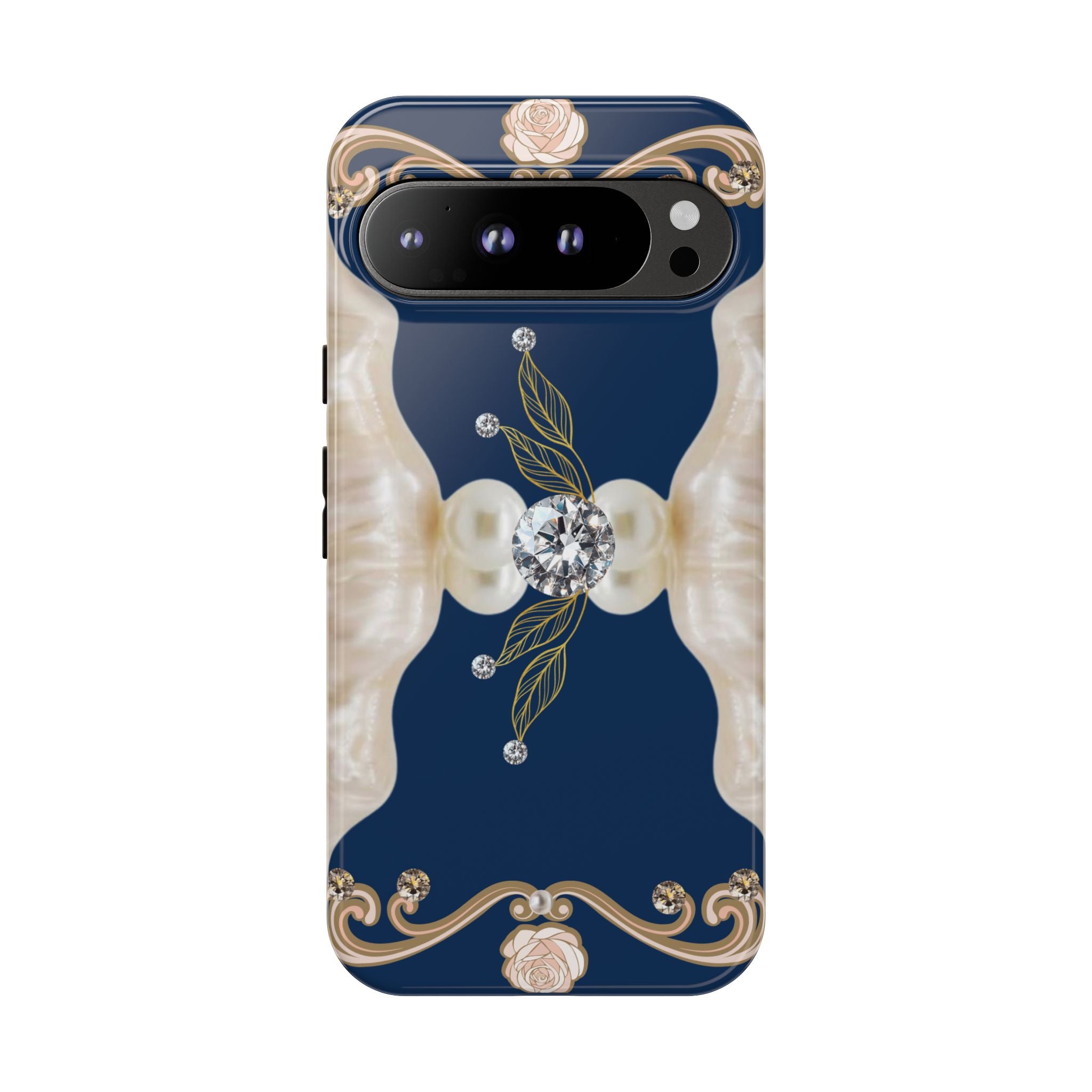 Navy Pearl & Diamond Phone Case — Elegant Floral Baroque Tough Case