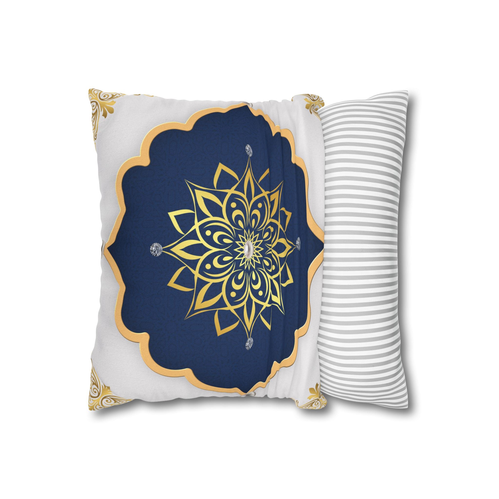 Gold & Navy Mandala Pillowcase — Decorative Square Throw Pillow Cover