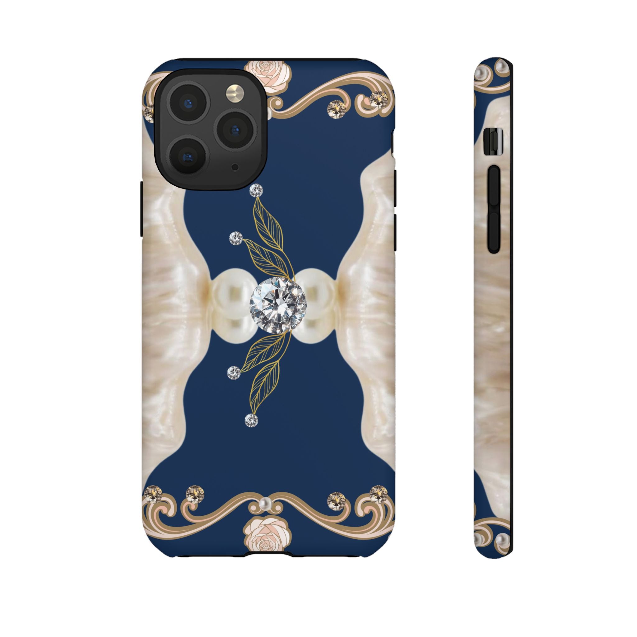 Navy Pearl & Diamond Phone Case — Elegant Floral Baroque Tough Case