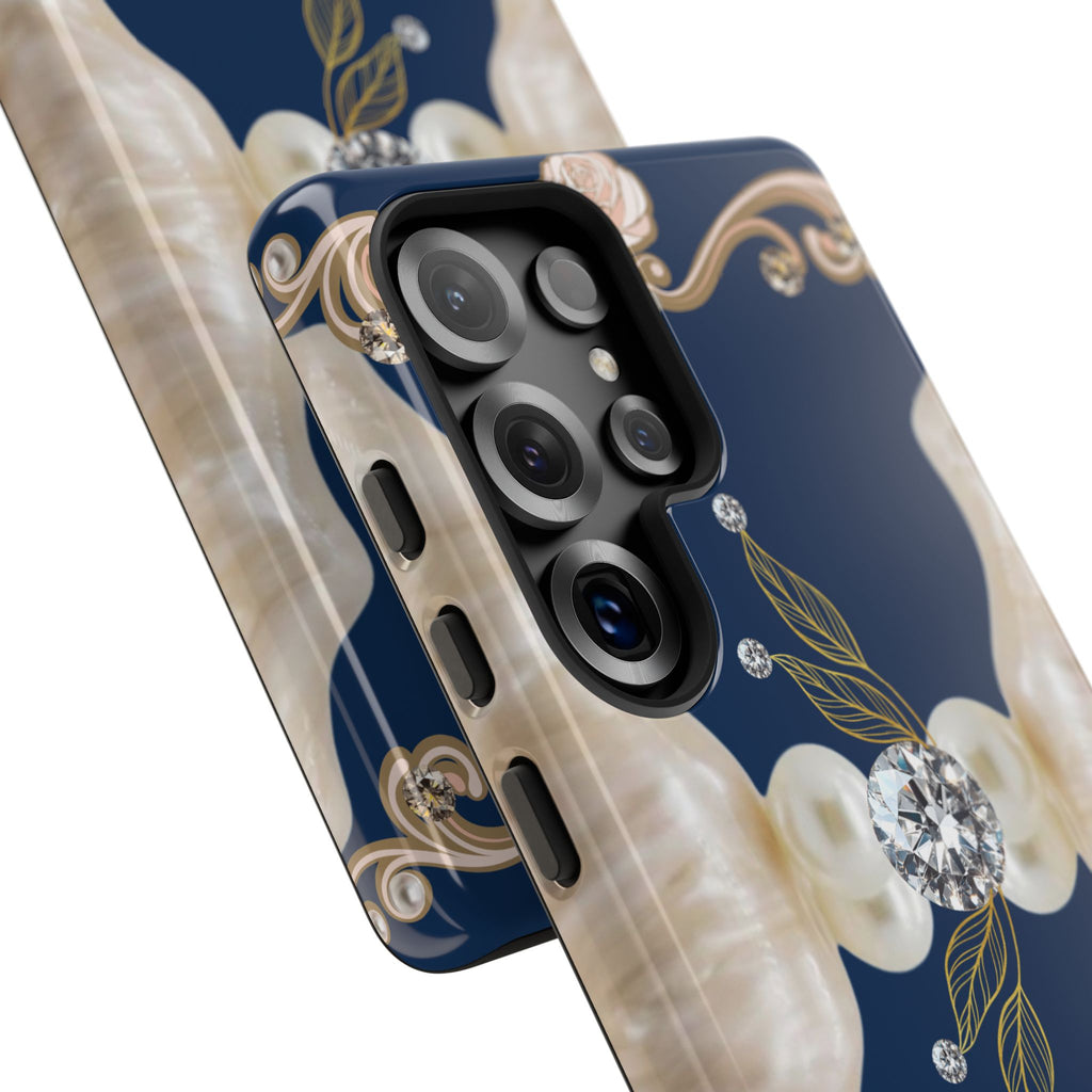 Navy Pearl & Diamond Phone Case — Elegant Floral Baroque Tough Case