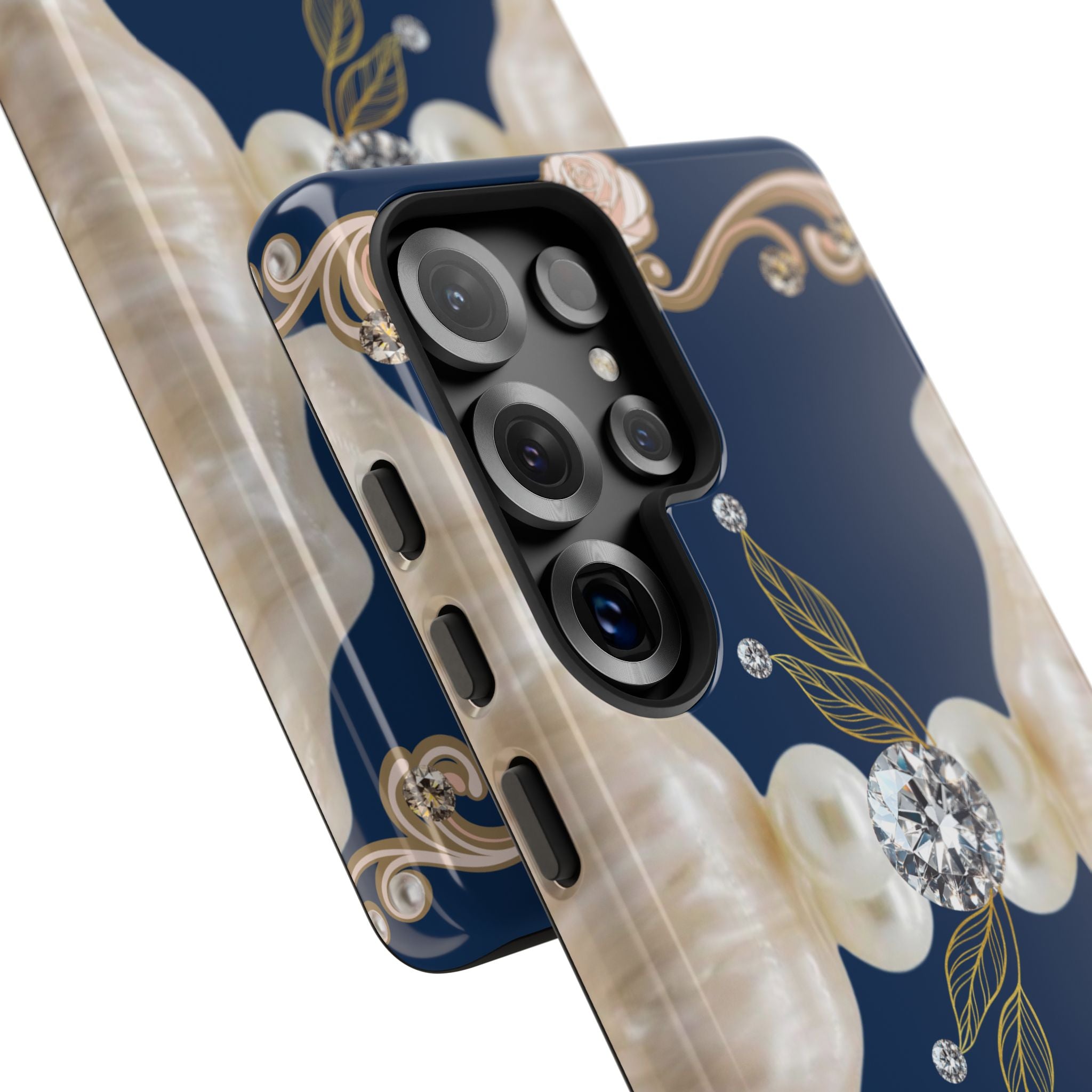 Navy Pearl & Diamond Phone Case — Elegant Floral Baroque Tough Case
