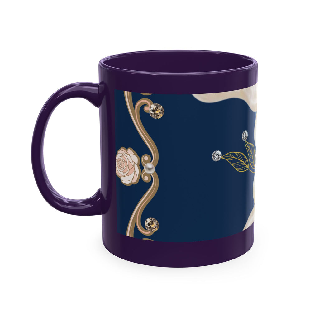 Pearl & Diamond Navy Ceramic Mug — Elegant Vintage Jewelry Design