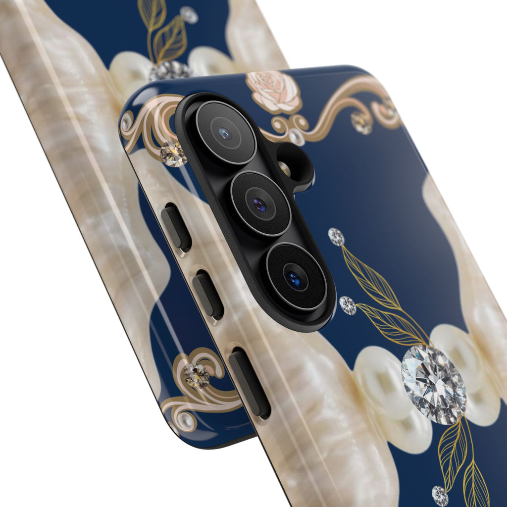 Navy Pearl & Diamond Phone Case — Elegant Floral Baroque Tough Case