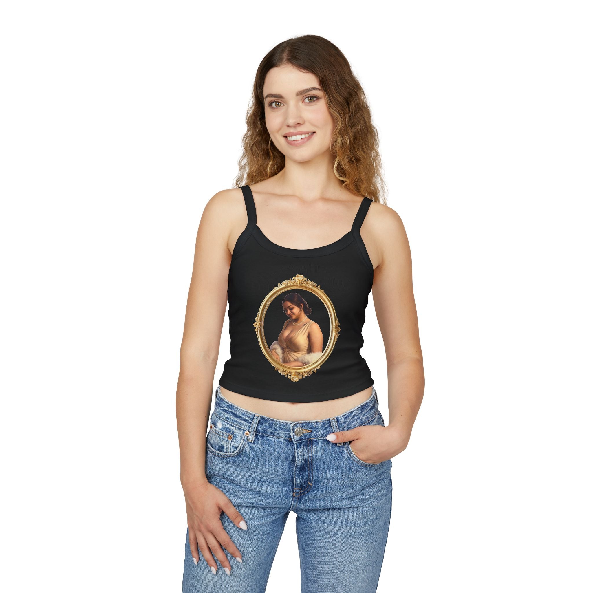 Spaghetti Tank Top — Vintage Portrait Frame with “Love, Always” Handwritten Script