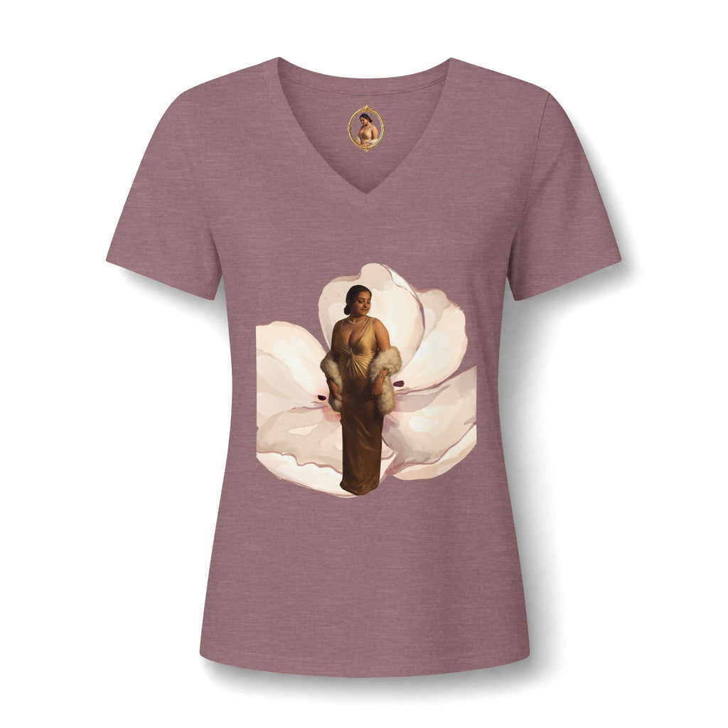 Floral Portrait V‑Neck Tee — Vintage Woman in Magnolia Print