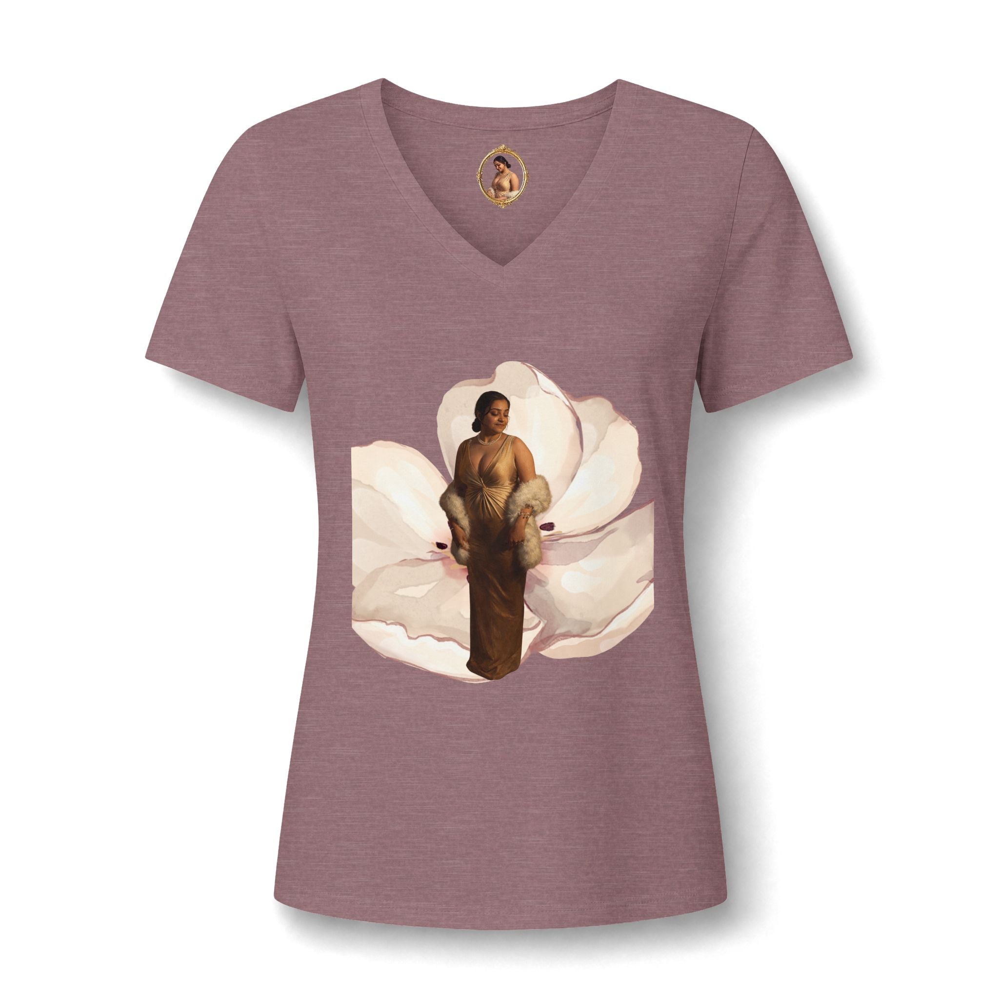 Floral Portrait V‑Neck Tee — Vintage Woman in Magnolia Print