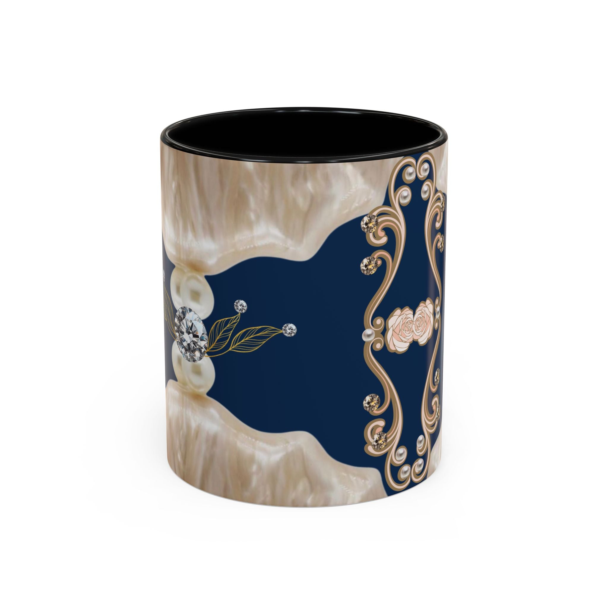 Elegant Navy Pearl Accent Coffee Mug - Vintage Baroque Floral Design (11/15oz)