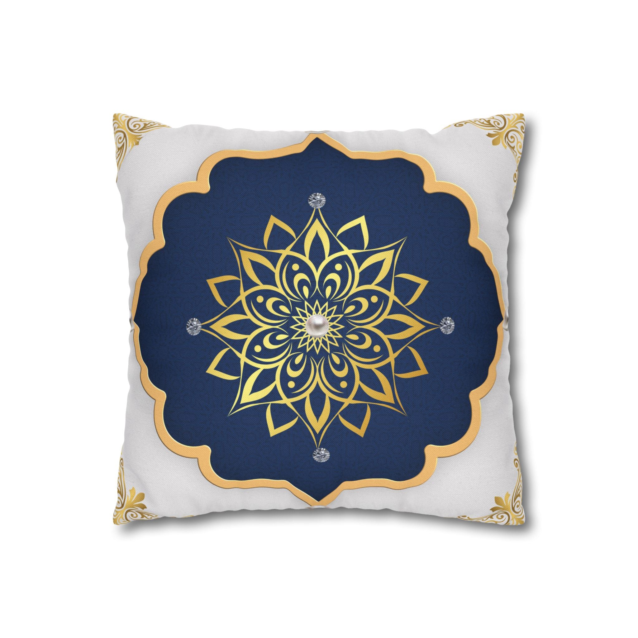 Gold & Navy Mandala Pillowcase — Decorative Square Throw Pillow Cover